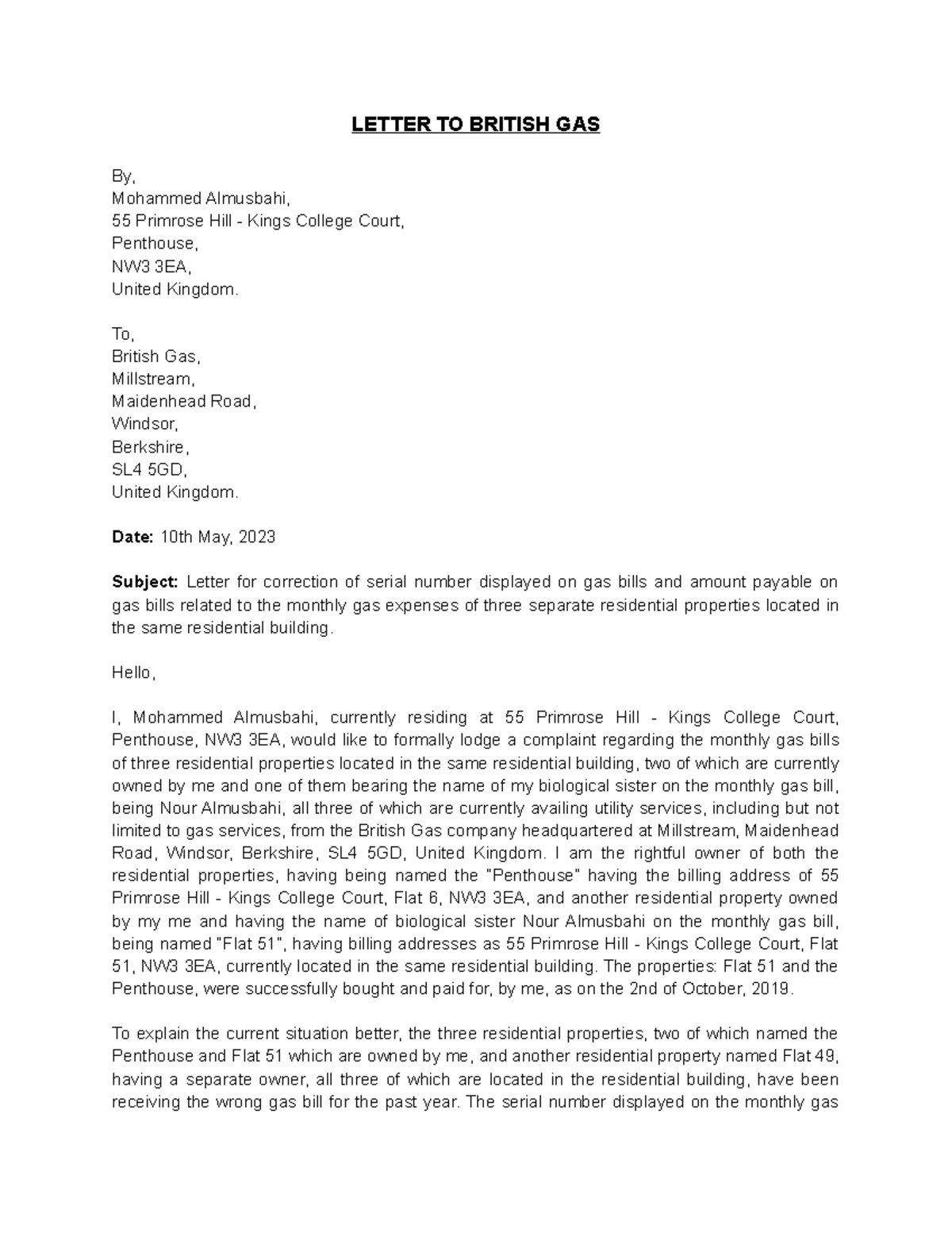 British Gas Letter - luizhfuk - Fiverr - LETTER TO BRITISH GAS By ...