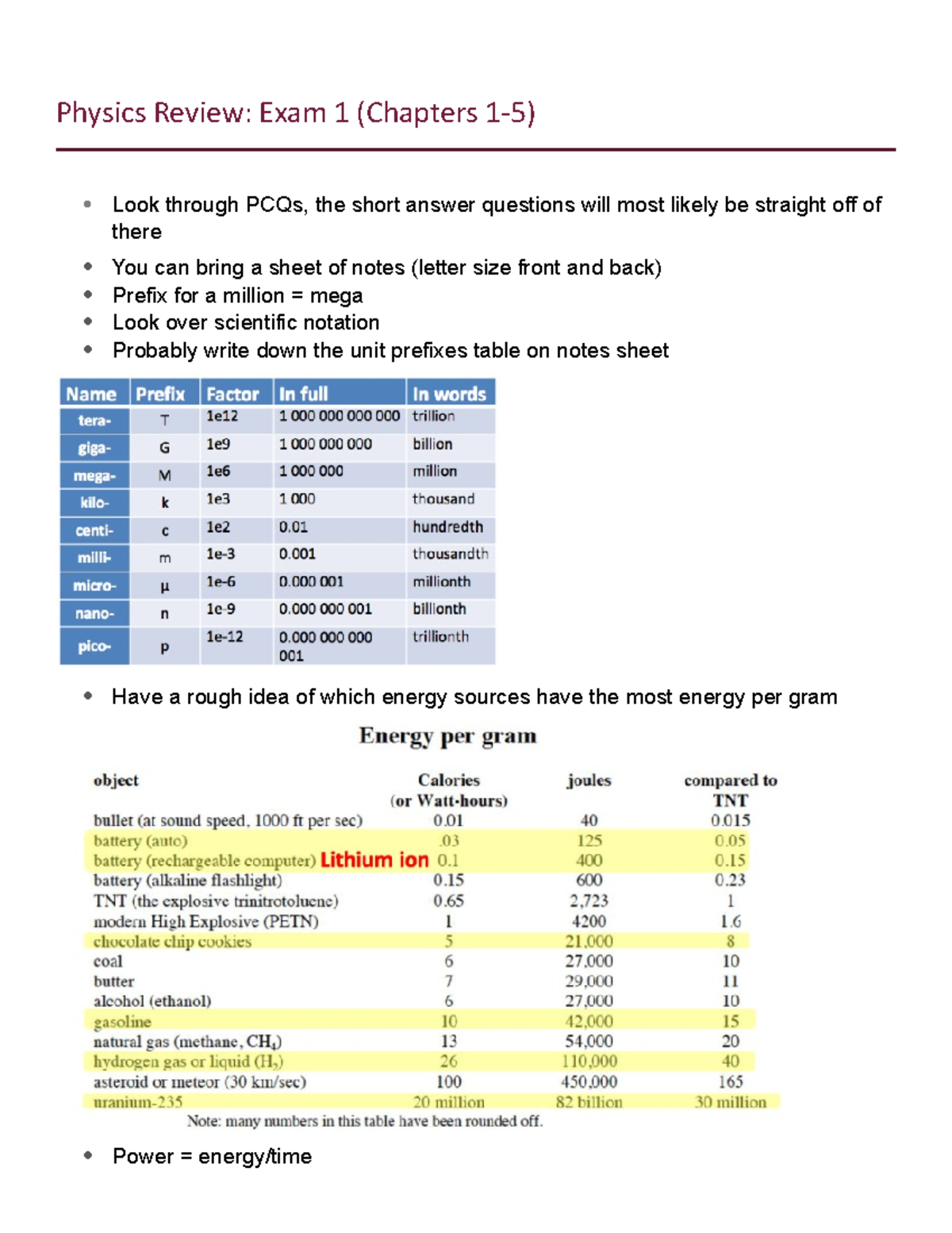 Exam 1 Physics Review - Physics Review: Exam 1 (Chapters Look Through ...