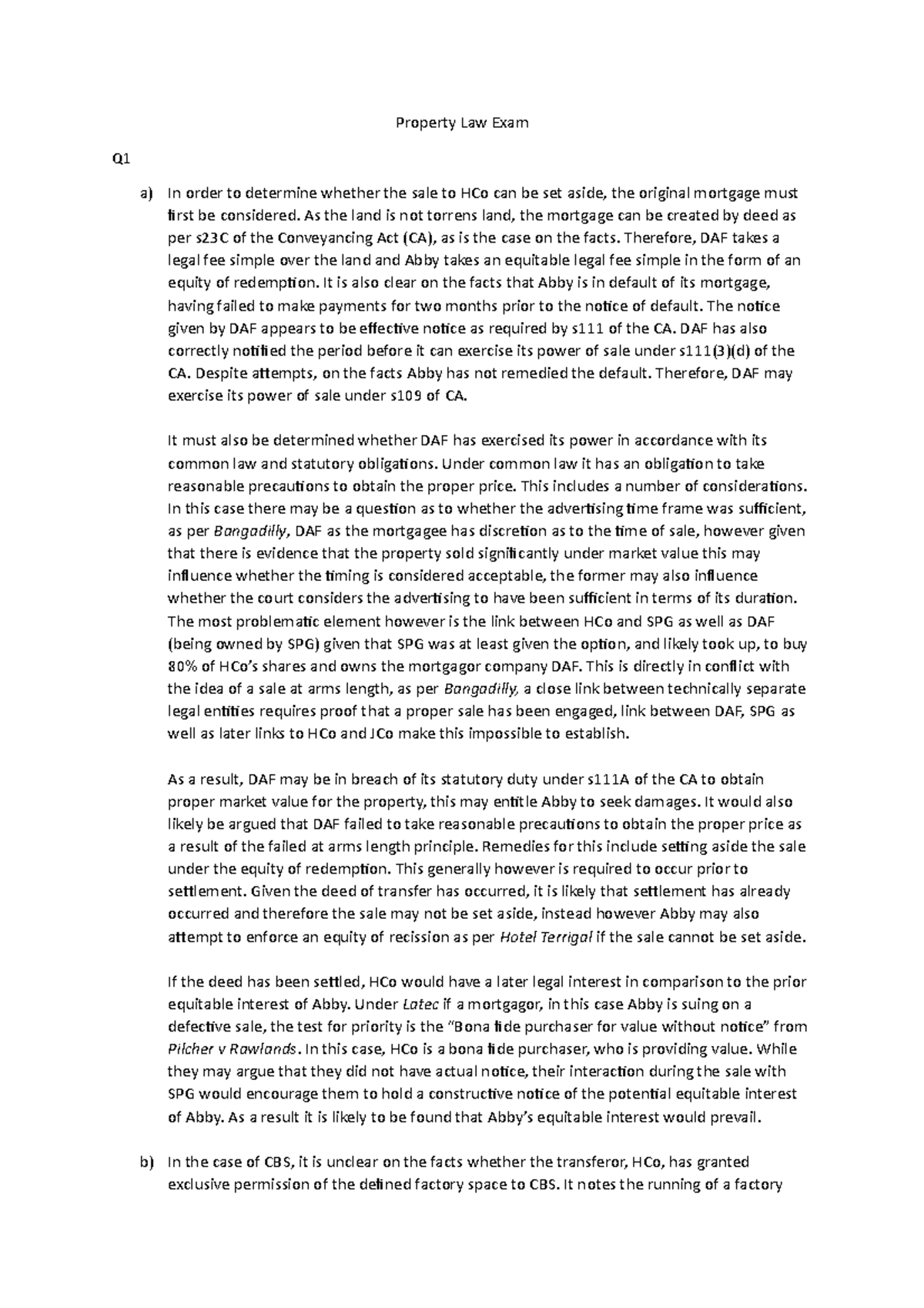 Property Exam Property Law Exam Q a) In order to determine whether the sale to HCo can be set