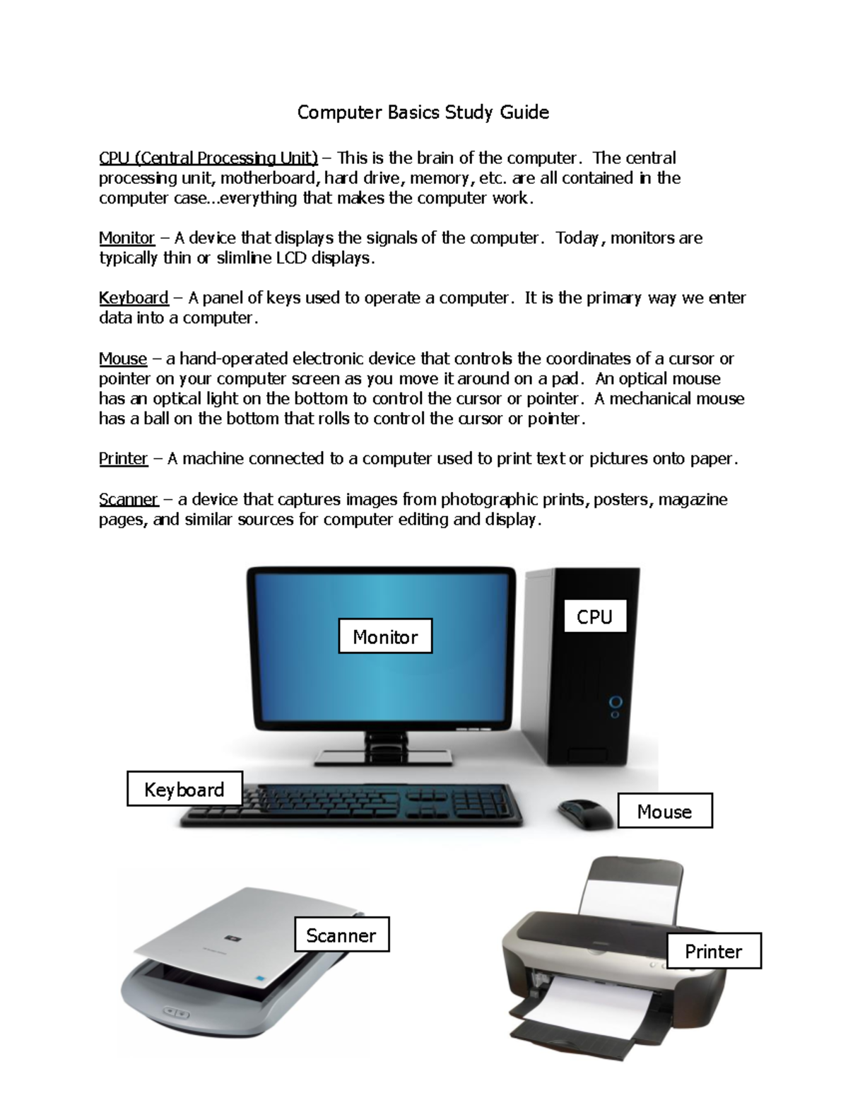 Computerbasicsstudyguide - Computer Basics Study Guide CPU (Central ...