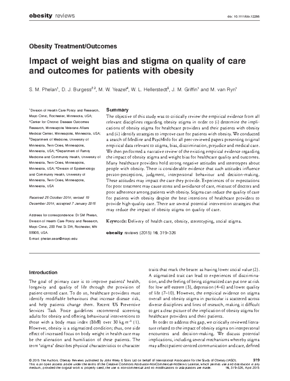 Impact of weight bias and stigma on quality of care and outcomes for ...