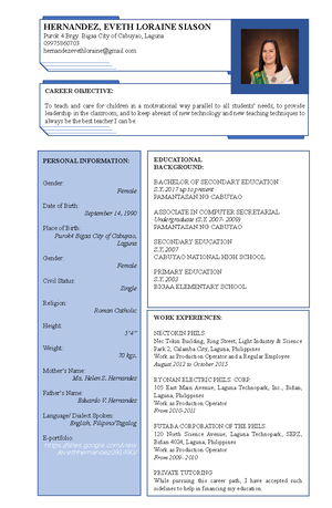 SAMPLE RESUME FOR APPLICATION - EDUCATIONAL BACKGROUND: BACHELOR OF ...