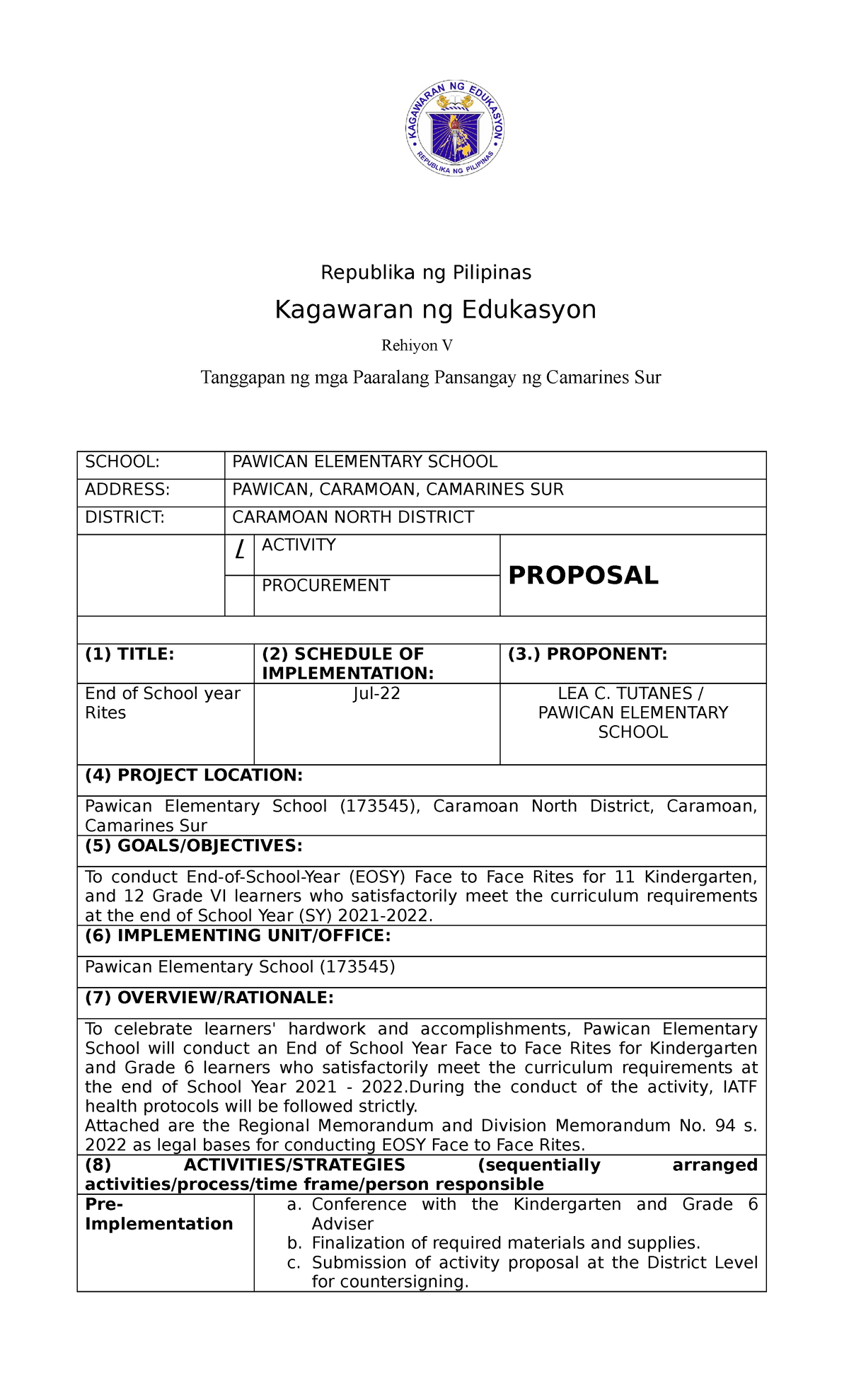 22 Graduation Proposal 1 - Republika ng Pilipinas Kagawaran ng ...