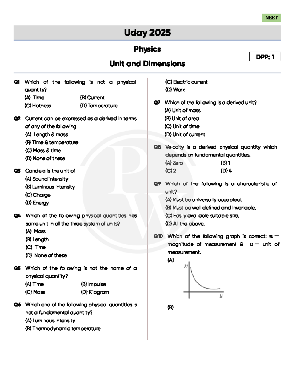 Units and Dimension DPP 01 Uday 2025 - NEET Uday 2025 Q 1 Which of the ...