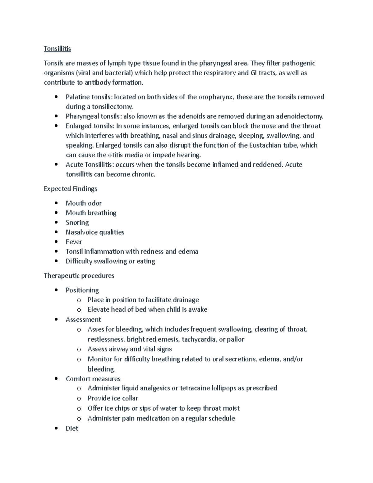 Midterm Study Guide copy - Tonsillitis Tonsils are masses of lymph type ...