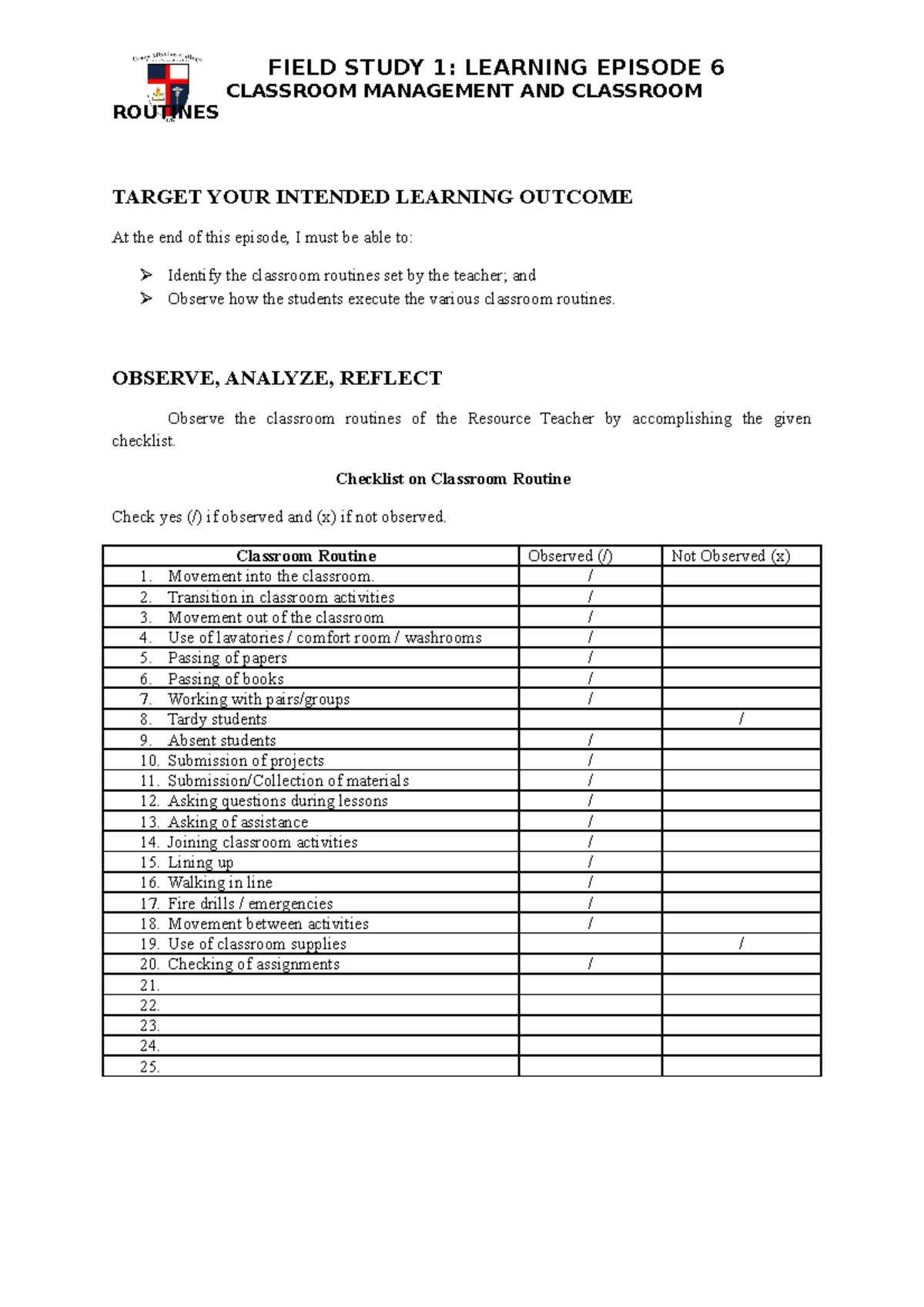 Fs1episode6 studying field study CLASSROOM MANAGEMENT AND