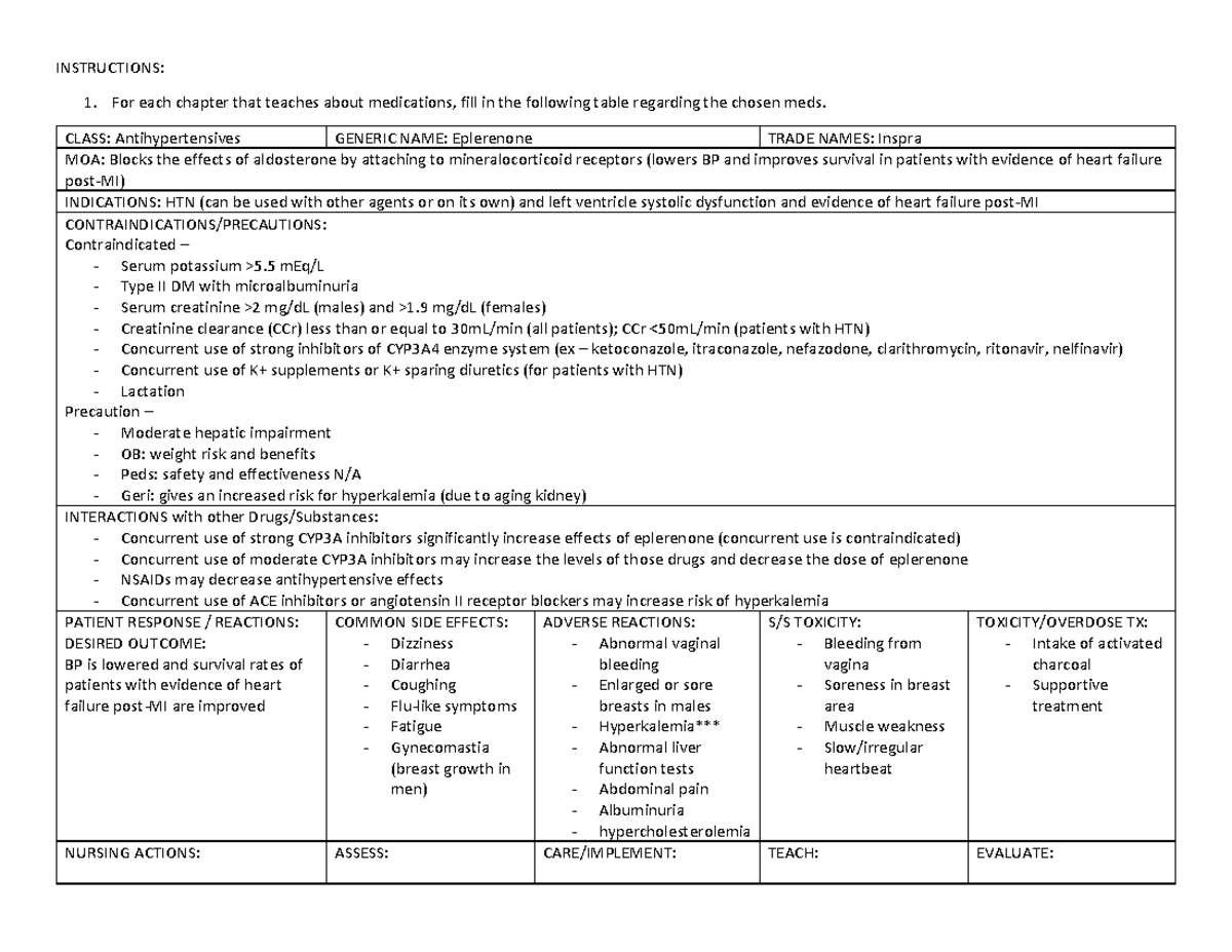 Eplerenone med card with definitions and indications - INSTRUCTIONS ...