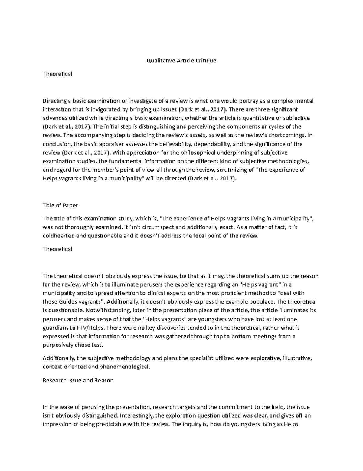 Qualitative Article Critique Qualitative Article Critique Theoretical