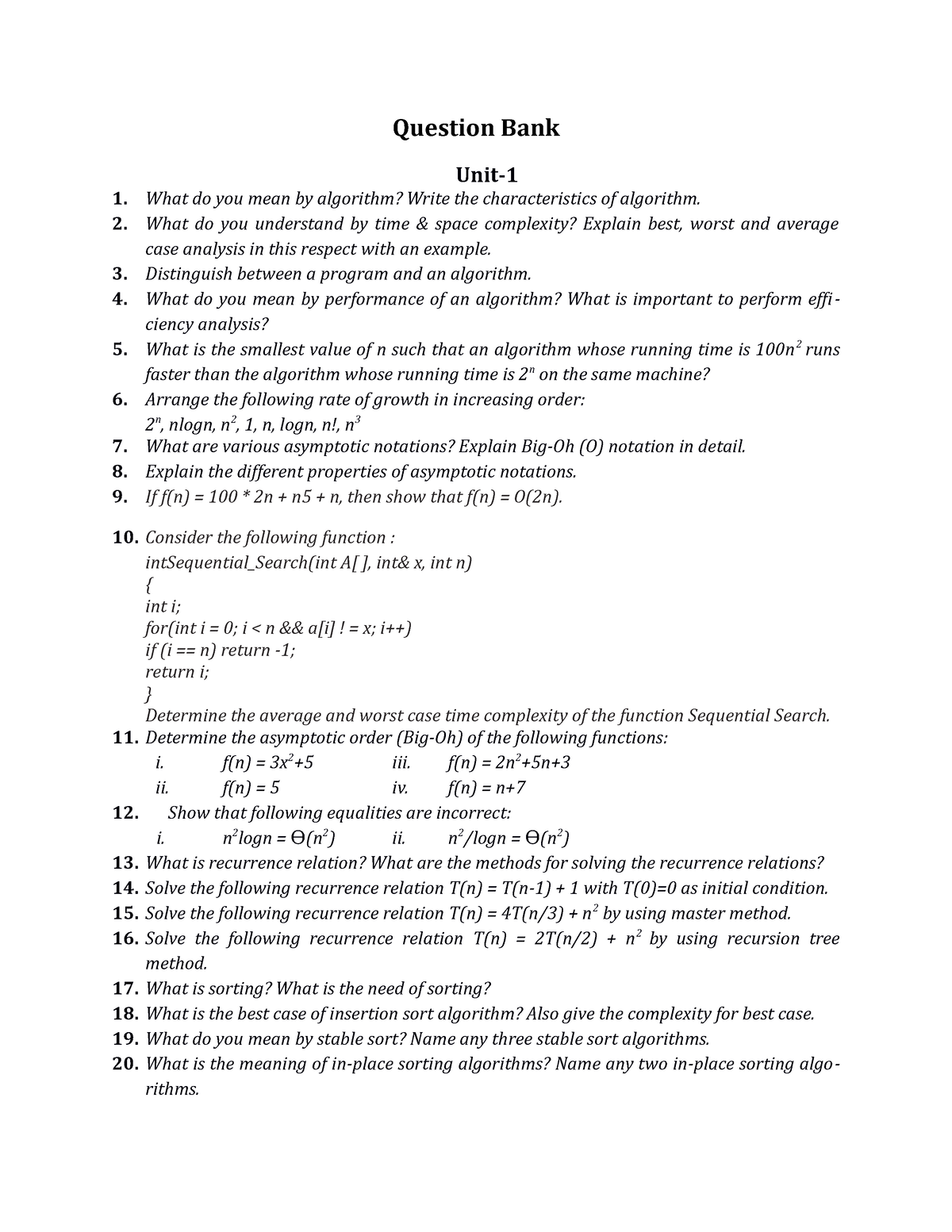 DAA Question Bank - Question Bank Unit- What Do You Mean By Algorithm ...