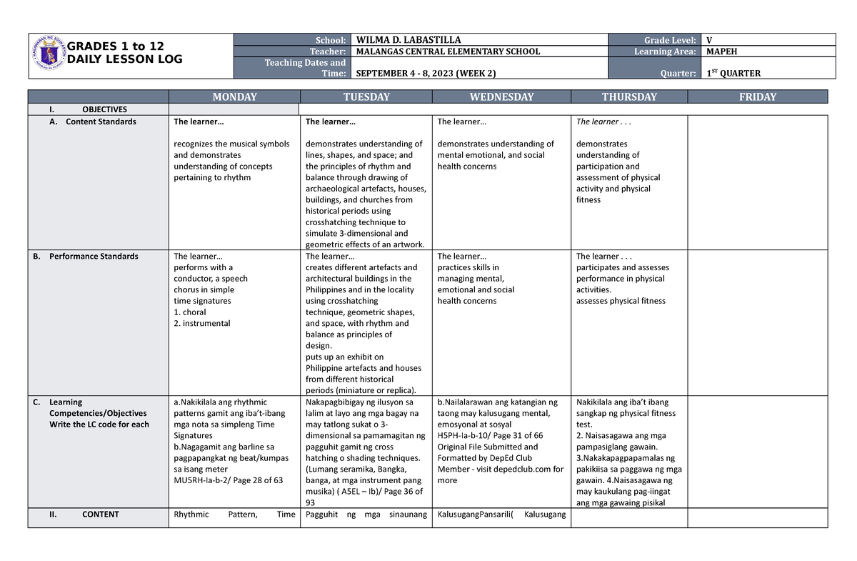 DLL Mapeh 5 Q1 W2 - GRADES 1 to 12 DAILY LESSON LOG School: WILMA D ...