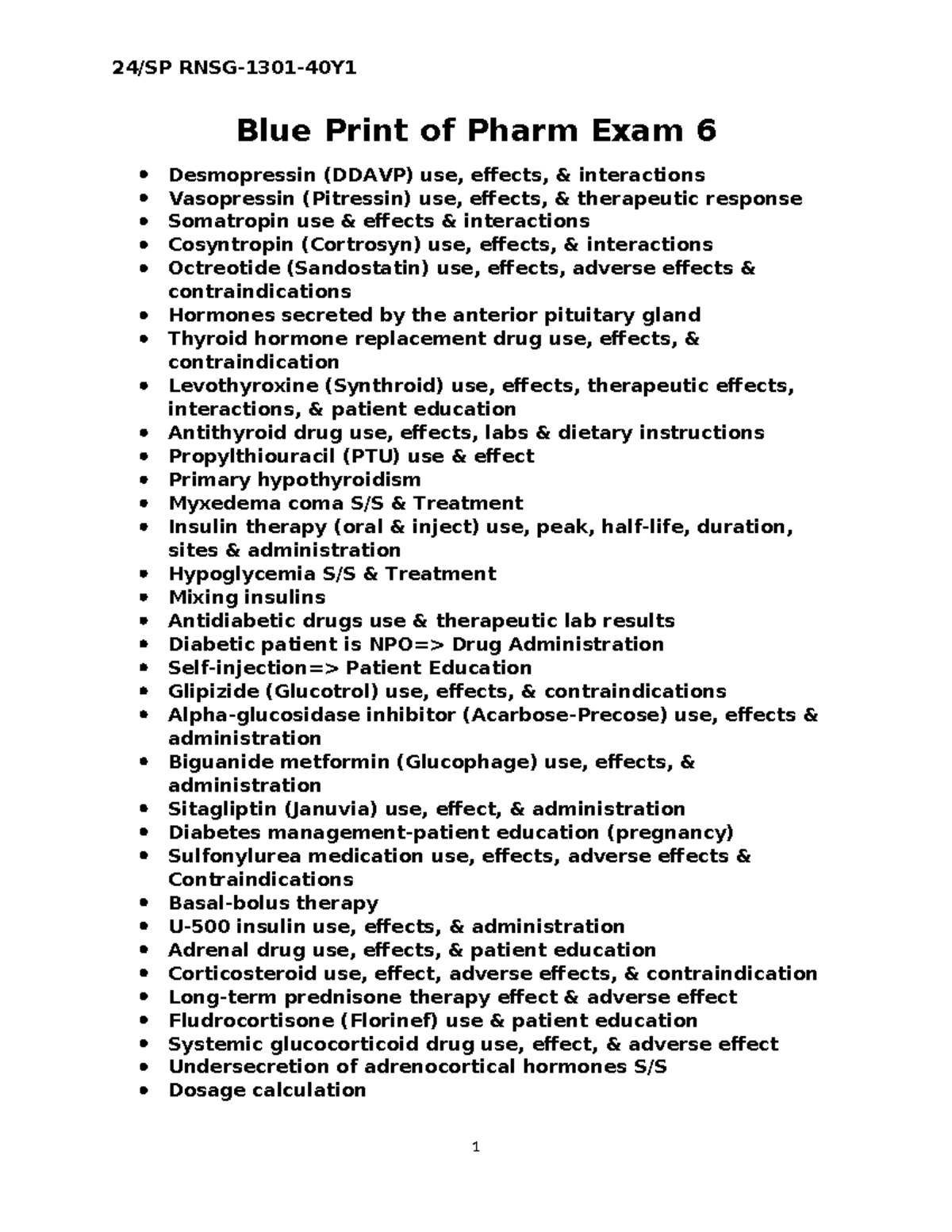 Blue Print Pharm Exam 6 SP 24 final - 24/SP RNSG-1301-40Y Blue Print of ...