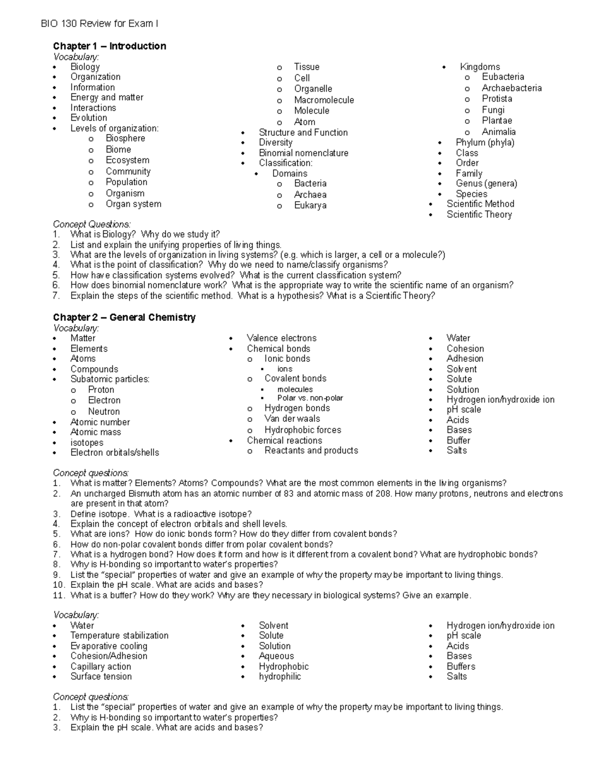 Study Guide #1 Exam 1 Fall 2018 BIO 101 - BIO 130 Review for Exam I ...