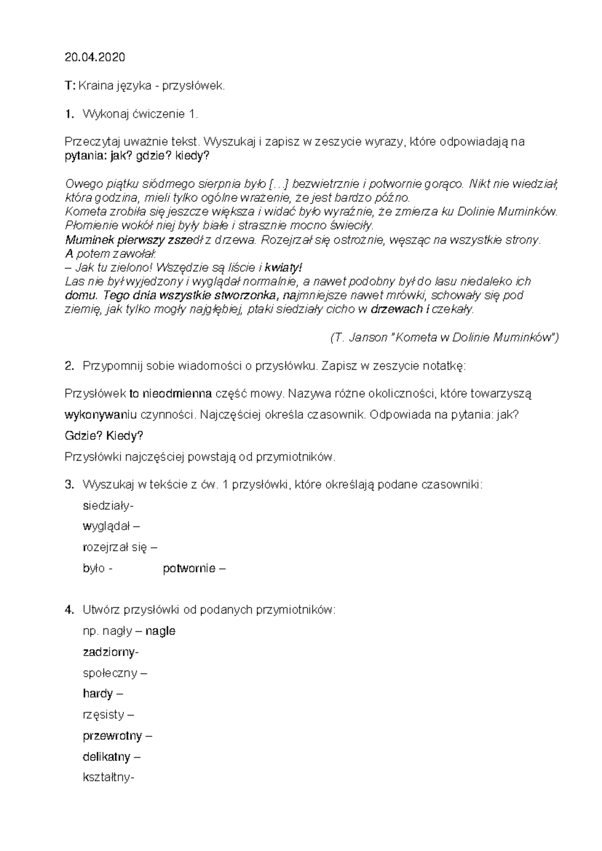 20.04 Kraina języka - przysłówek - 20. T: Kraina języka - przysłówek