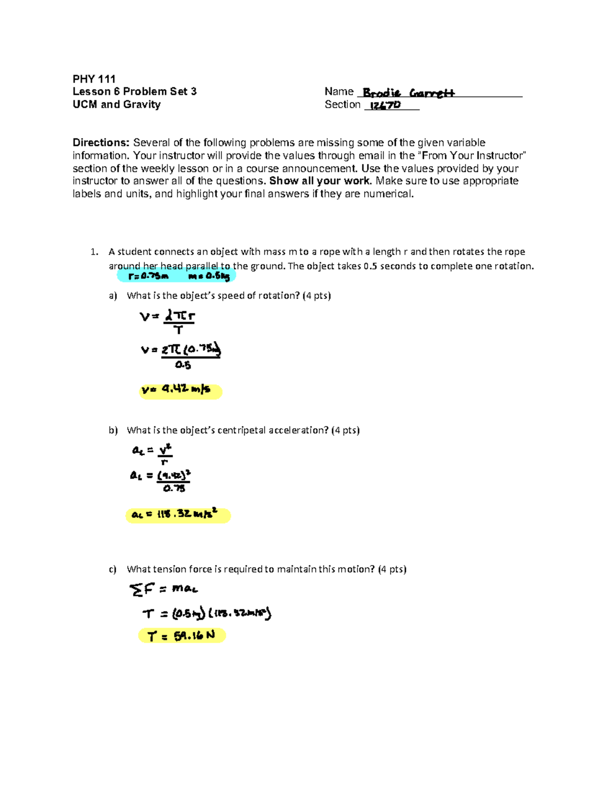 PHY111 Lesson 6 Problem Set - Your instructor will provide the values ...