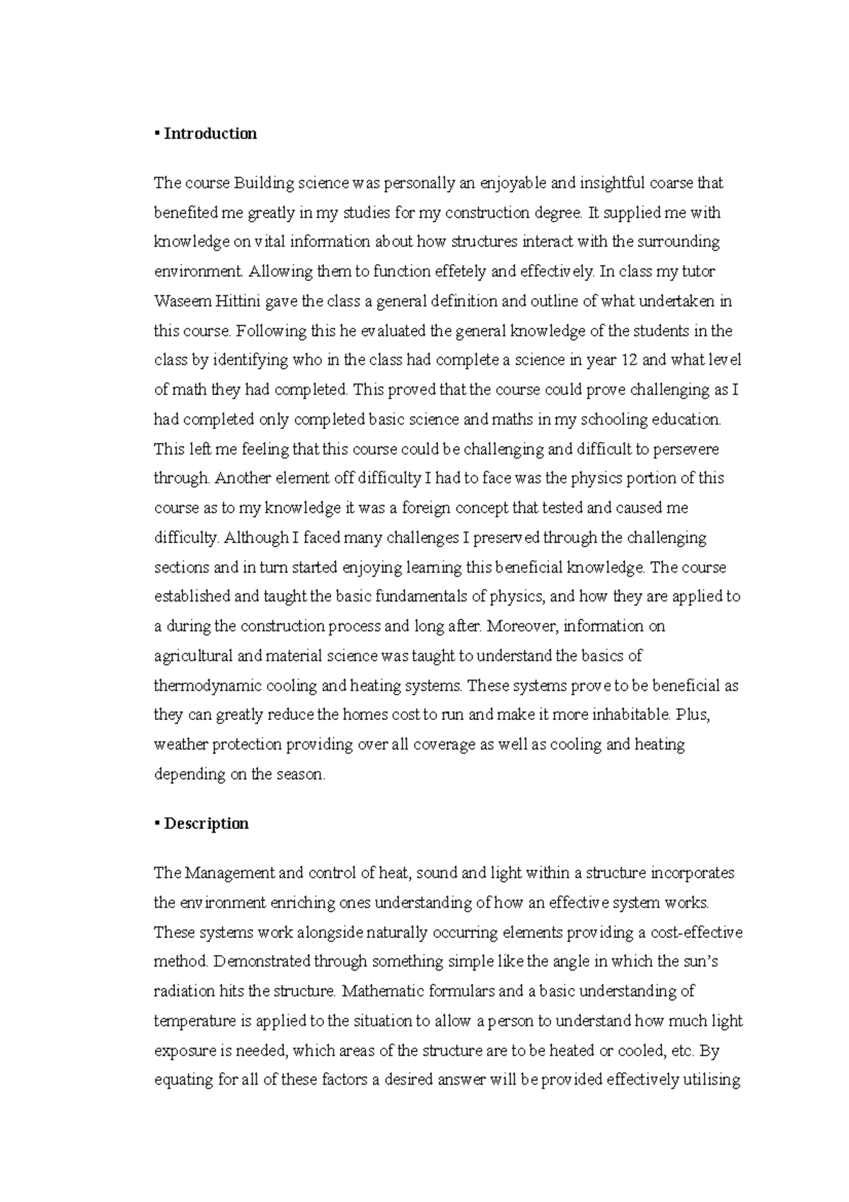 Building science assignment - Introduction The course Building science ...
