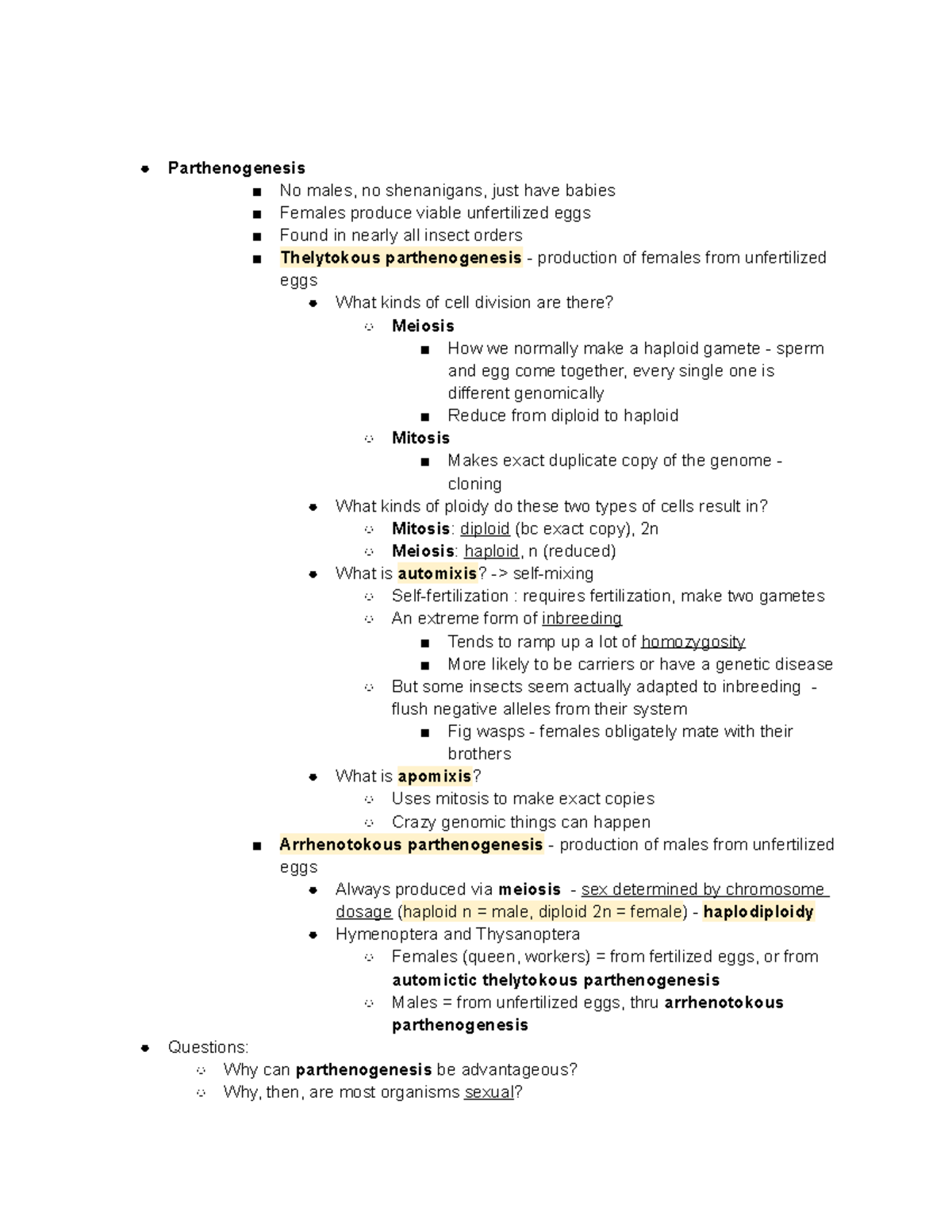 3 8 Parthenogenesis, arrhenotoky, haplodiploidy Parthenogenesis No