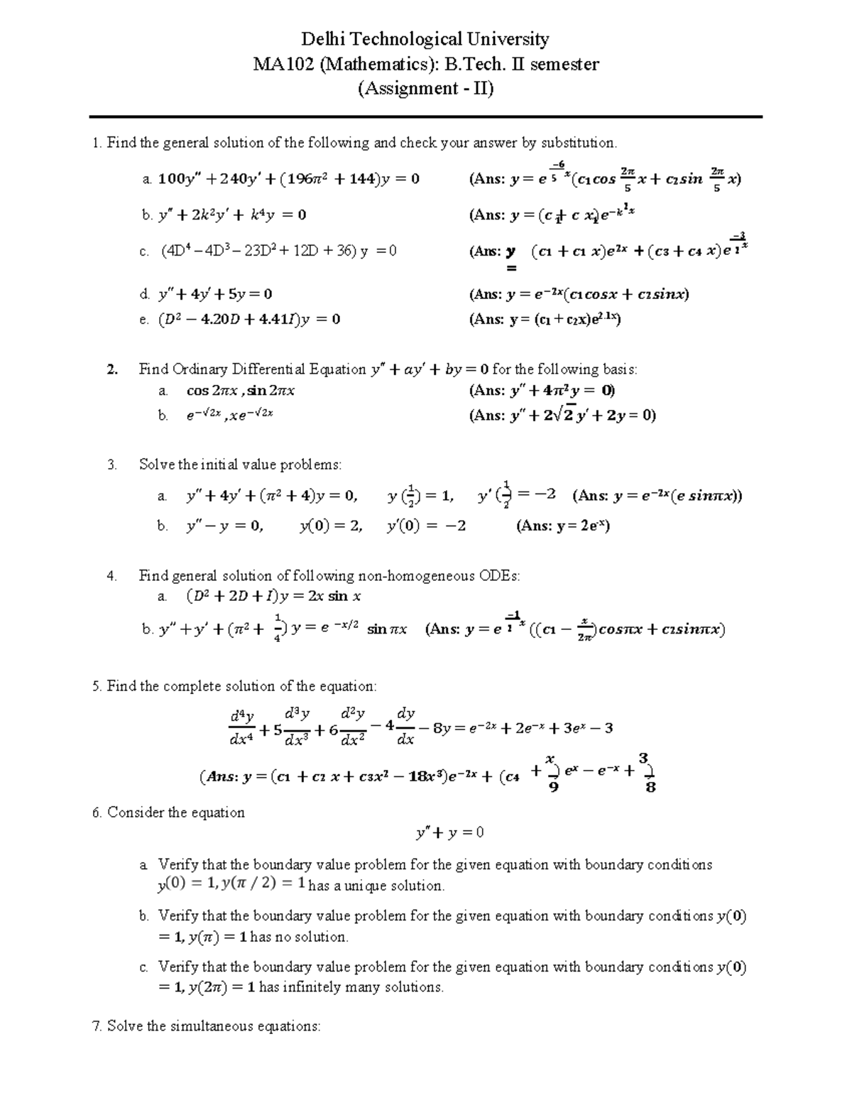 MA102 Assignment 2 2021-22 - 𝟏 𝟏 Delhi Technological University MA102 ...