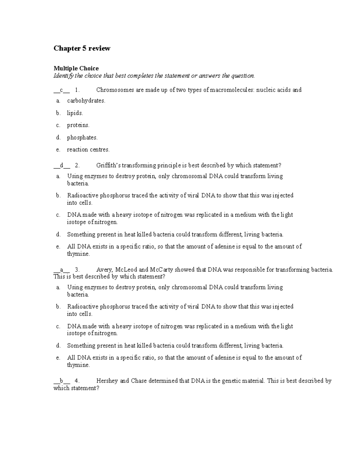 Bio 12 Chapter 5 - Biology - Chapter 5 Review Multiple Choice Identify ...