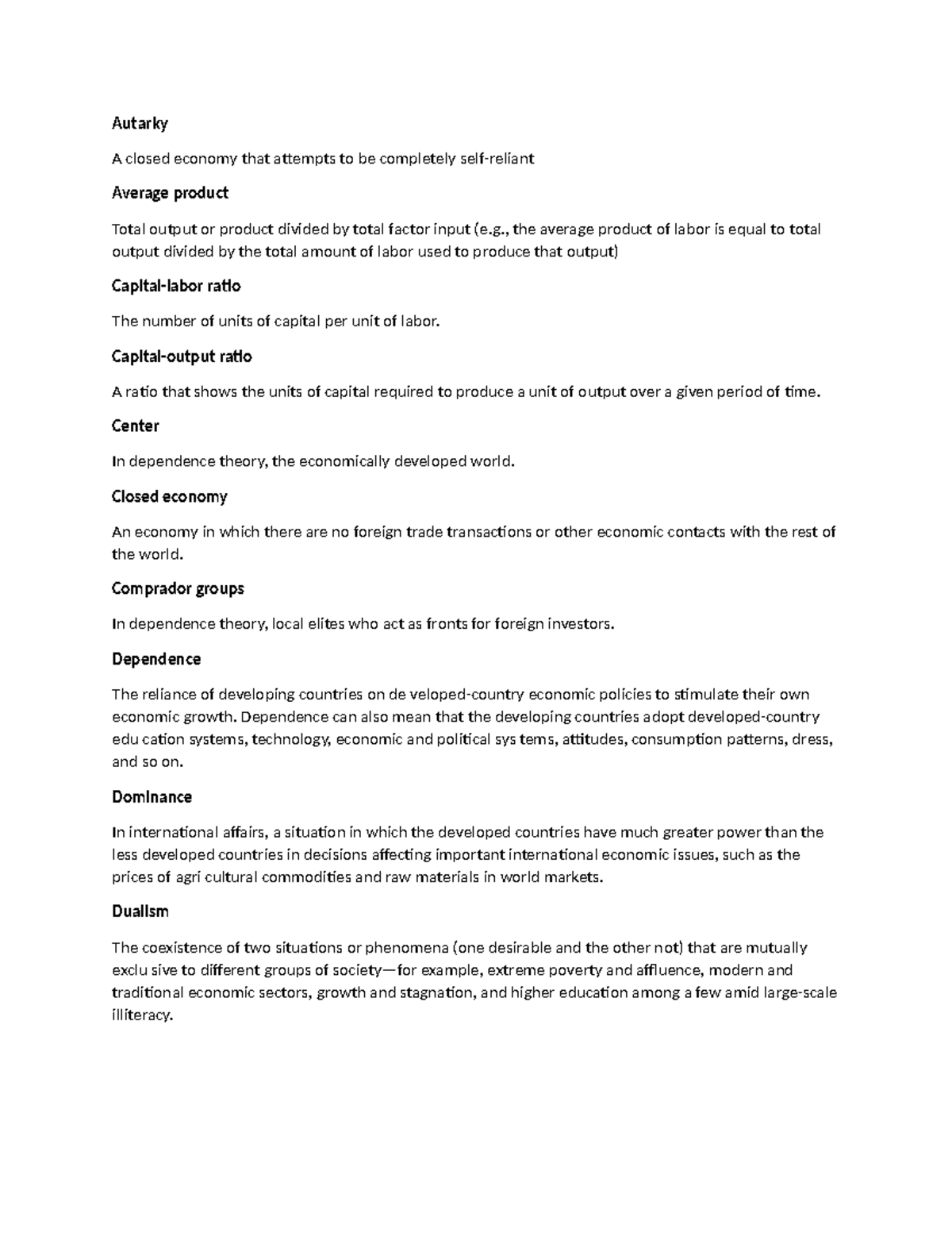Concept of review - Autarky A closed economy that attempts to be ...