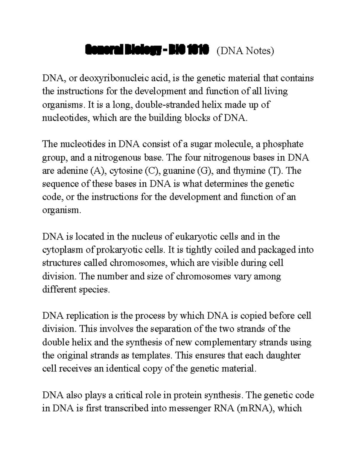 BIO - DNA Notes - Dna - General Biology - BIO 1010 (DNA Notes) DNA, Or ...