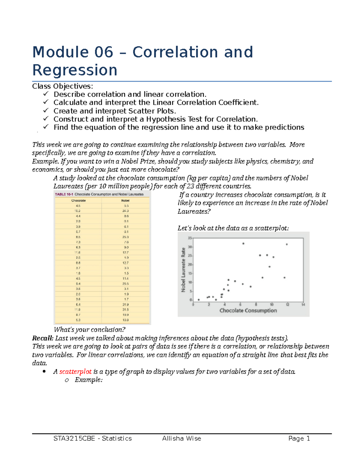 Module 06 Notes - Module 06 – Correlation And Regression Class ...