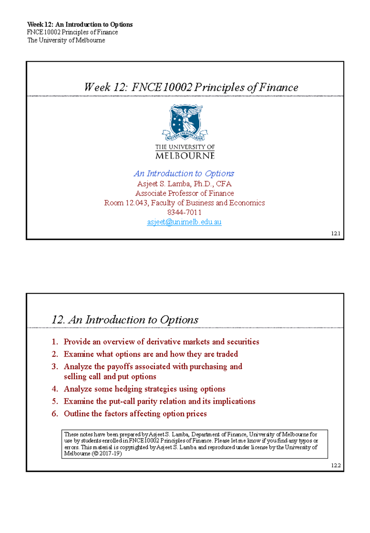 Lec12-Options-2perpage - FNCE10002 Principles of Finance The University ...