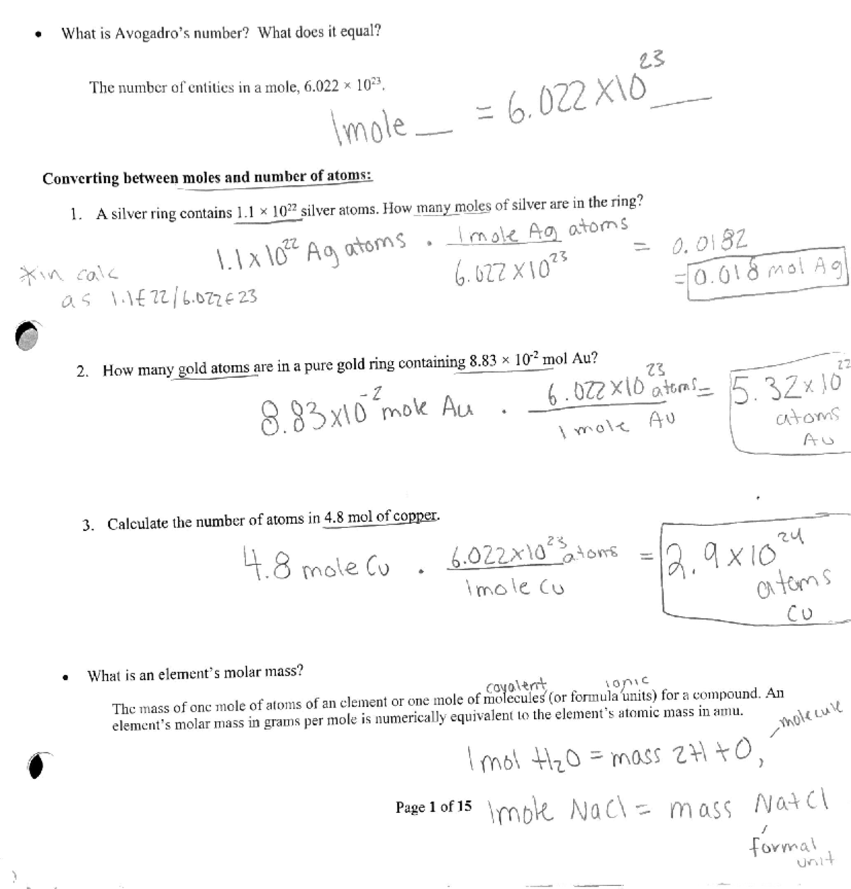 Ch. 6 notes - Chapter 6 problems on moles and Avogadro's number ...