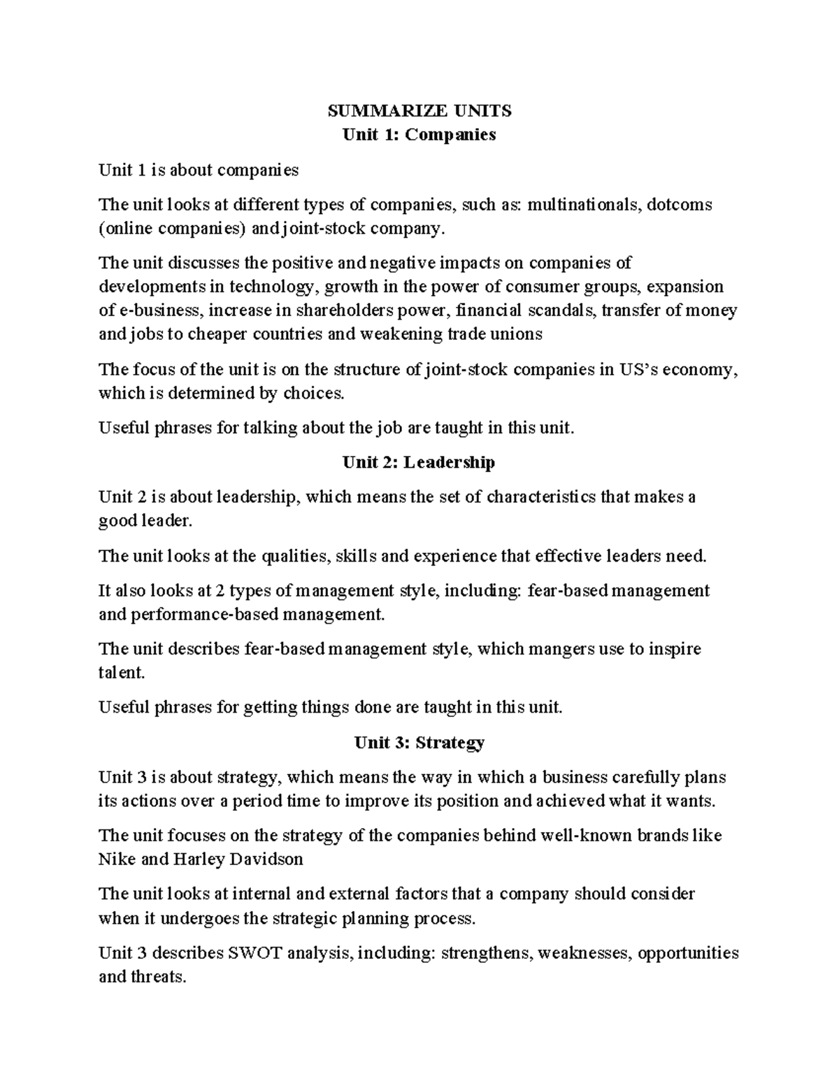 Summary - SUMMARIZE UNITS Unit 1: Companies Unit 1 is about companies ...