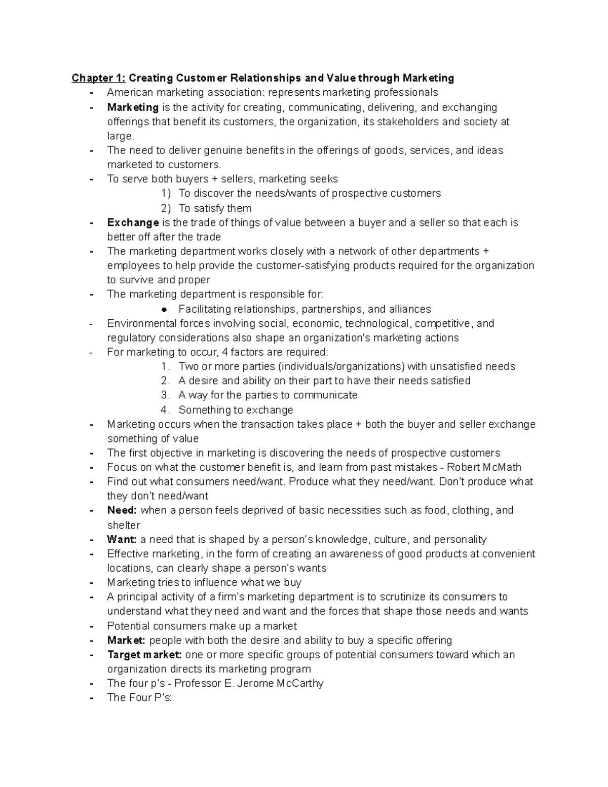 Marketing Textbook Notes - Chapter 1: Creating Customer Relationships ...