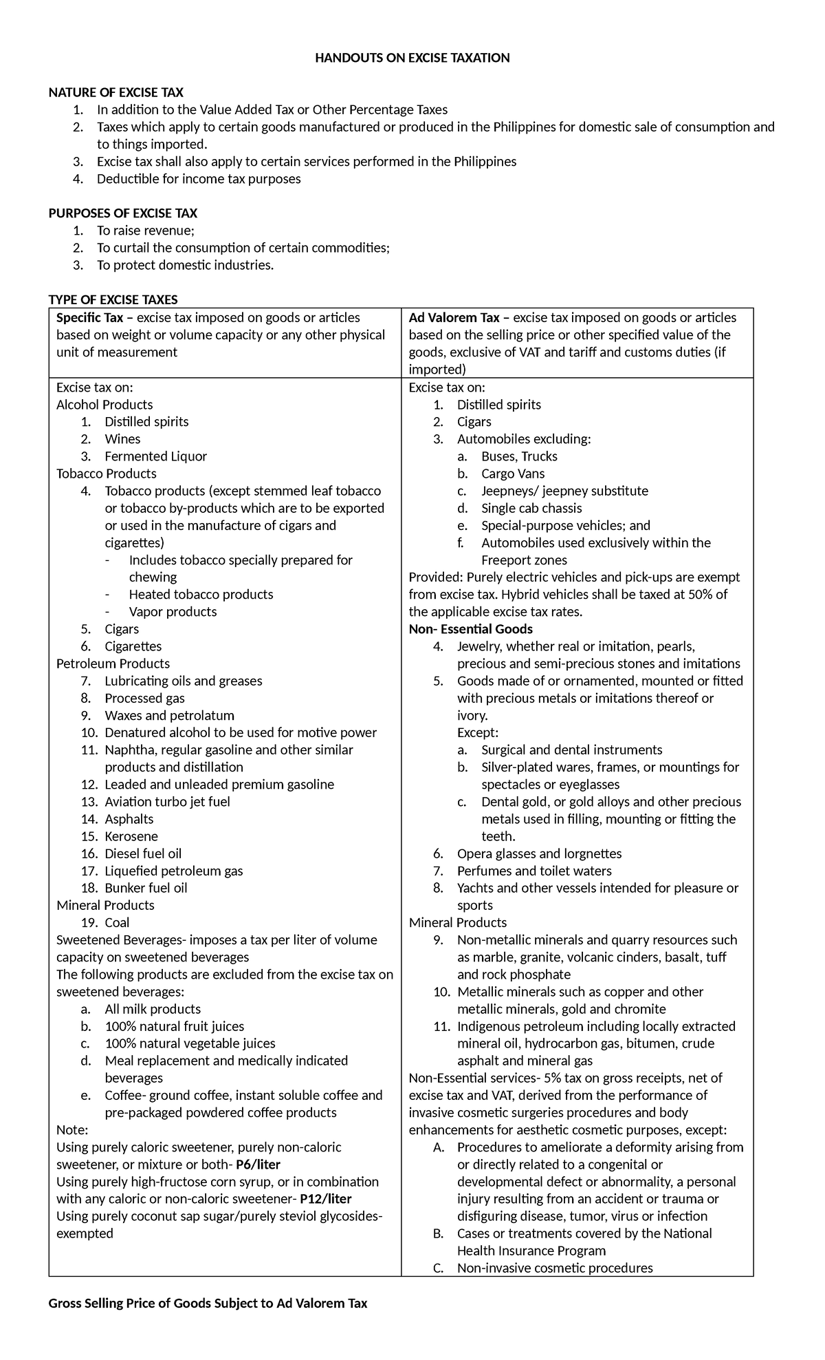 TAX Handouts - TAX - HANDOUTS ON EXCISE TAXATION NATURE OF EXCISE TAX ...