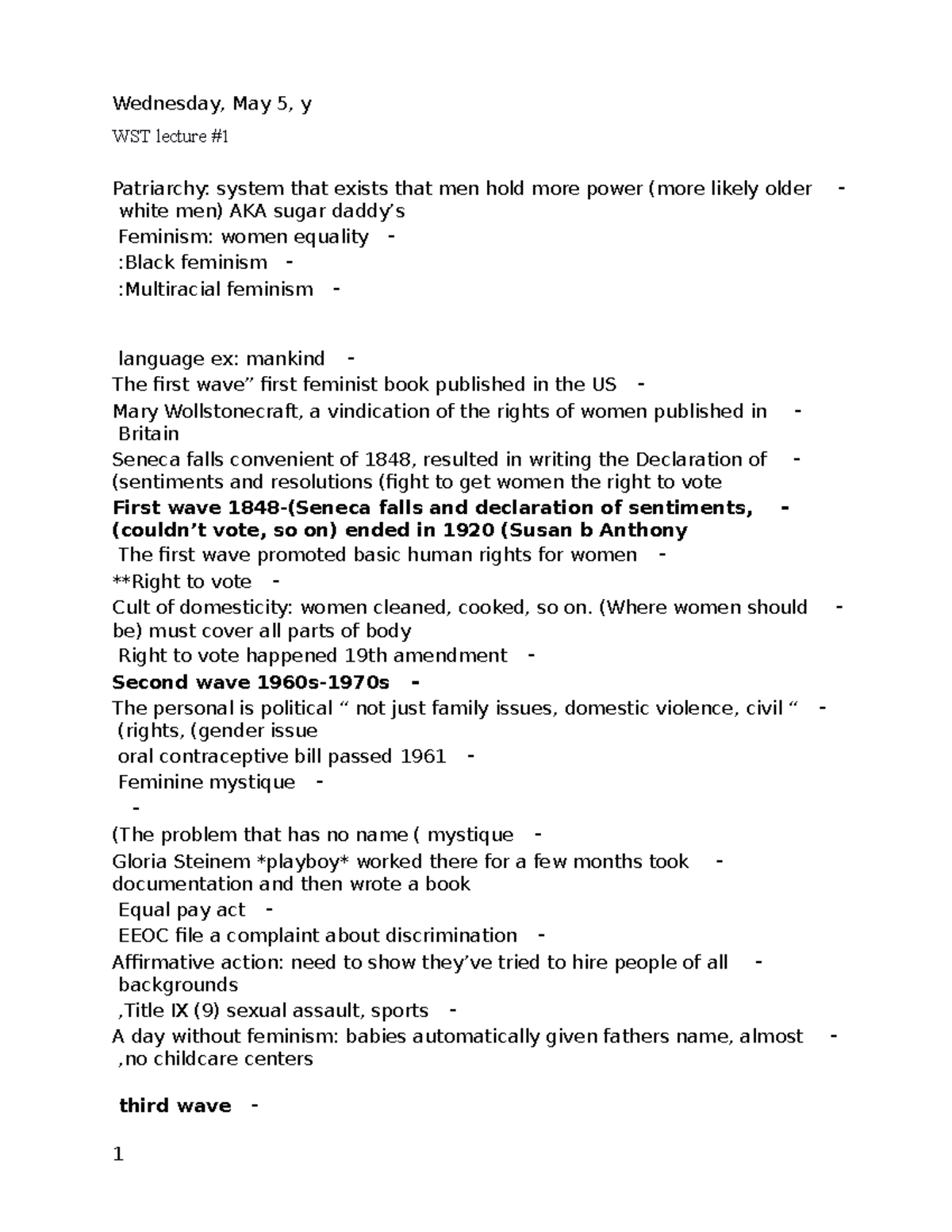 WST lecture #1 - Womens studies, chapter 1 - WST lecture - Patriarchy ...