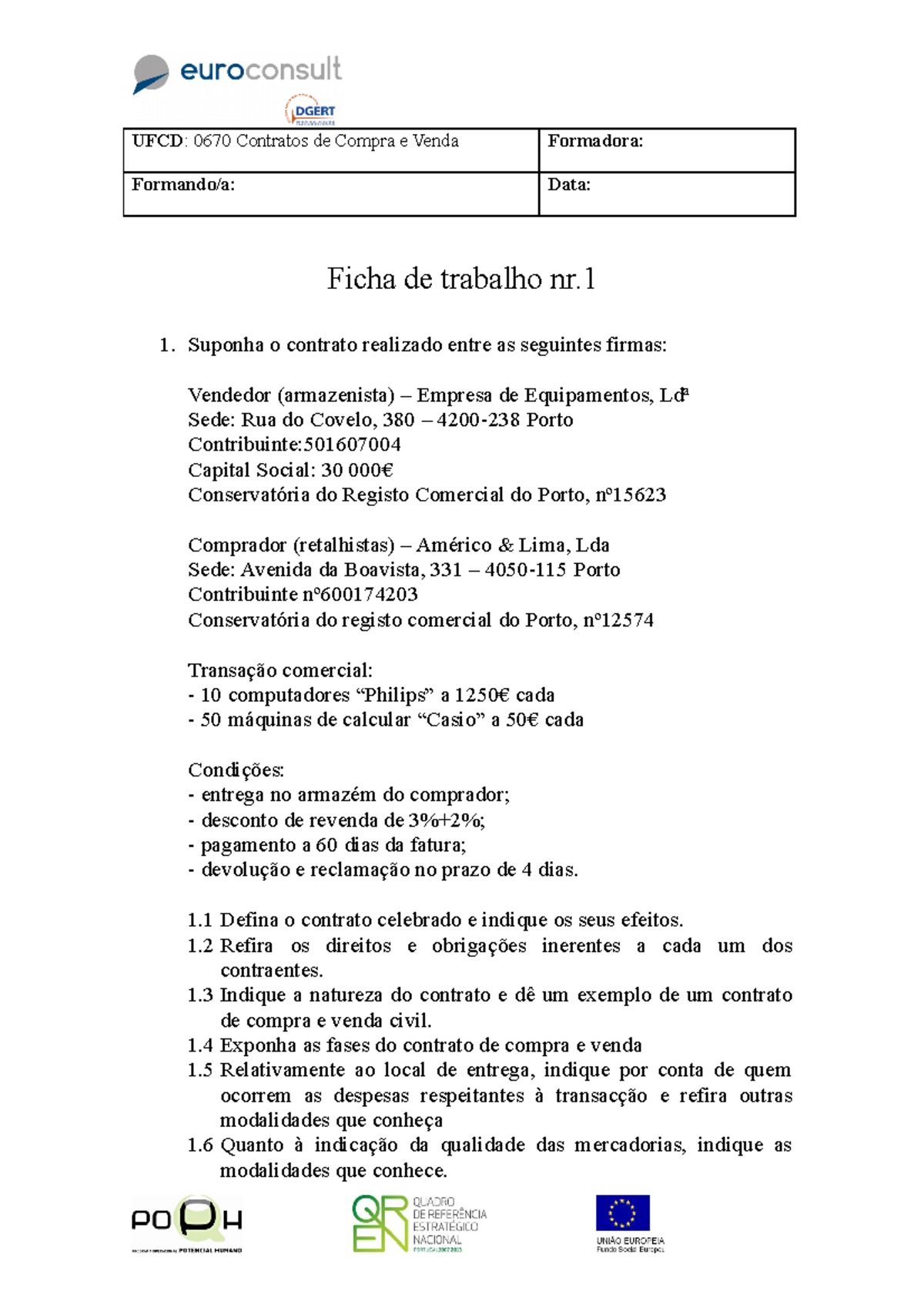 Ficha De Trabalho Nº 1 Ufcd 0670 Contratos De Compra E Venda