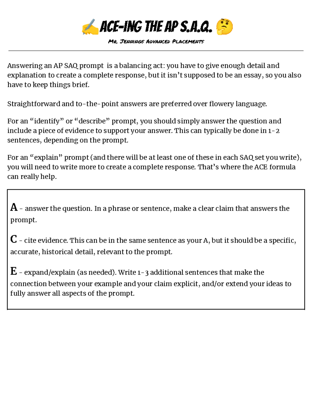 ACE - ️Writing an SAQ Response - ACE-ing THE AP S.A. 🤔 Mr. Jennings ...