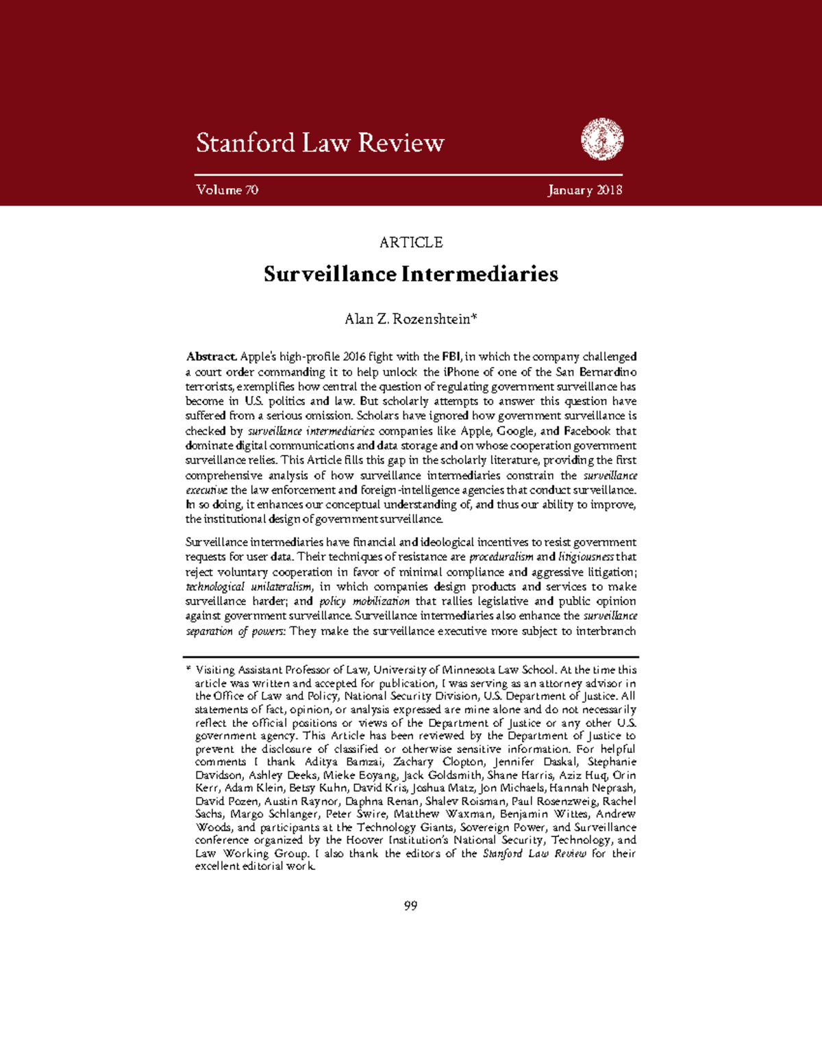 70-Stan.-L.-Rev.-99 Surveilance Intermediaries - Volume 70 January 2018 ...