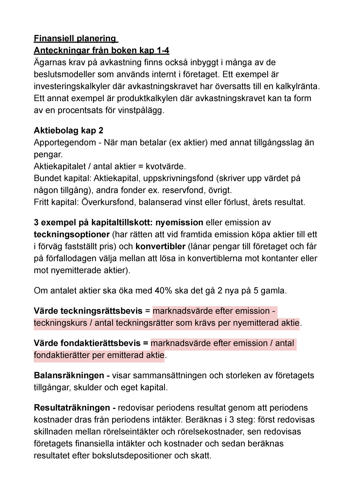 Finansiell Planering Anteckningar Från Boken Kapitel 1-4 - Finansiell ...