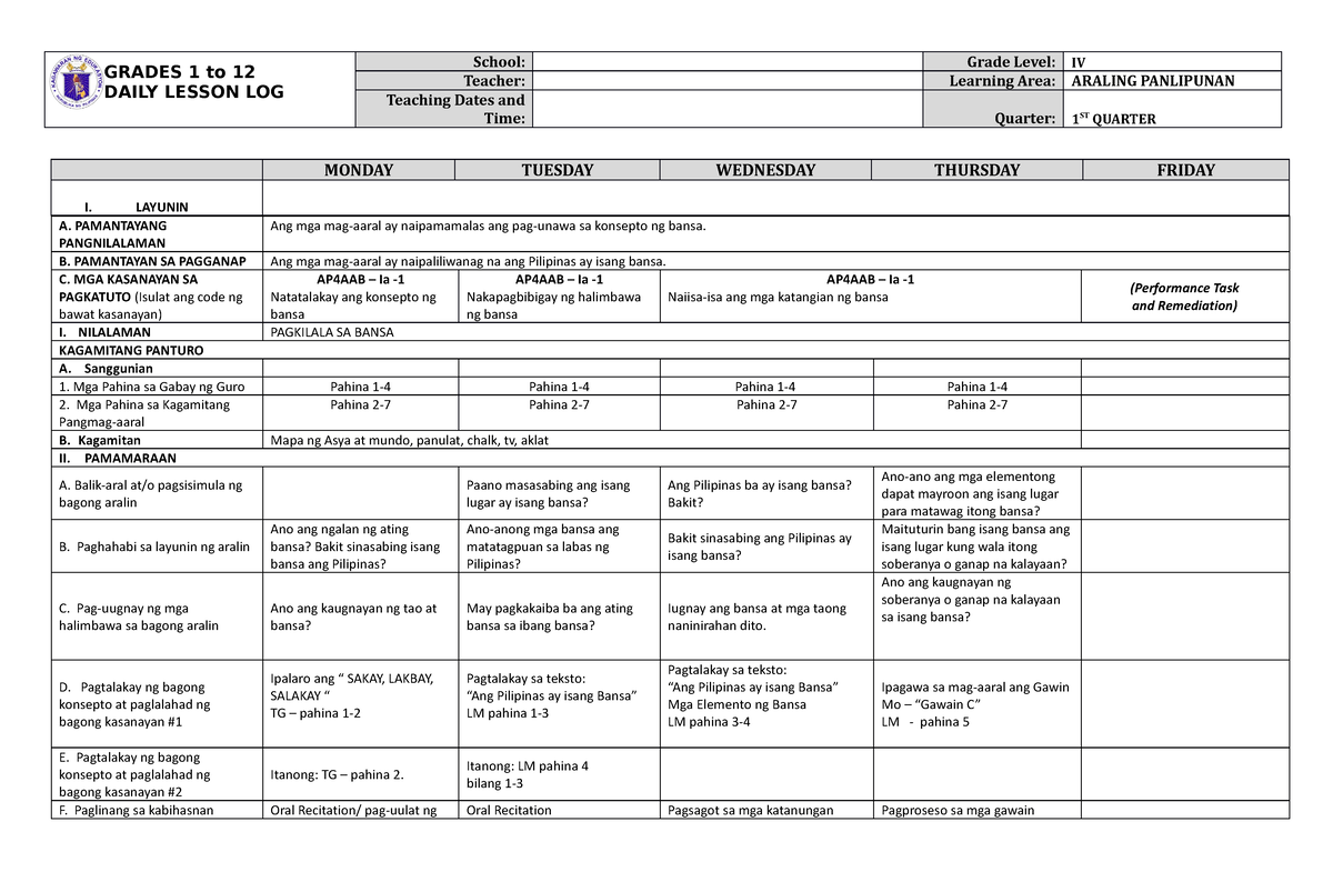 DLL Araling Panlipunan 4 Q1 W1 - GRADES 1 To 12 DAILY LESSON LOG School ...