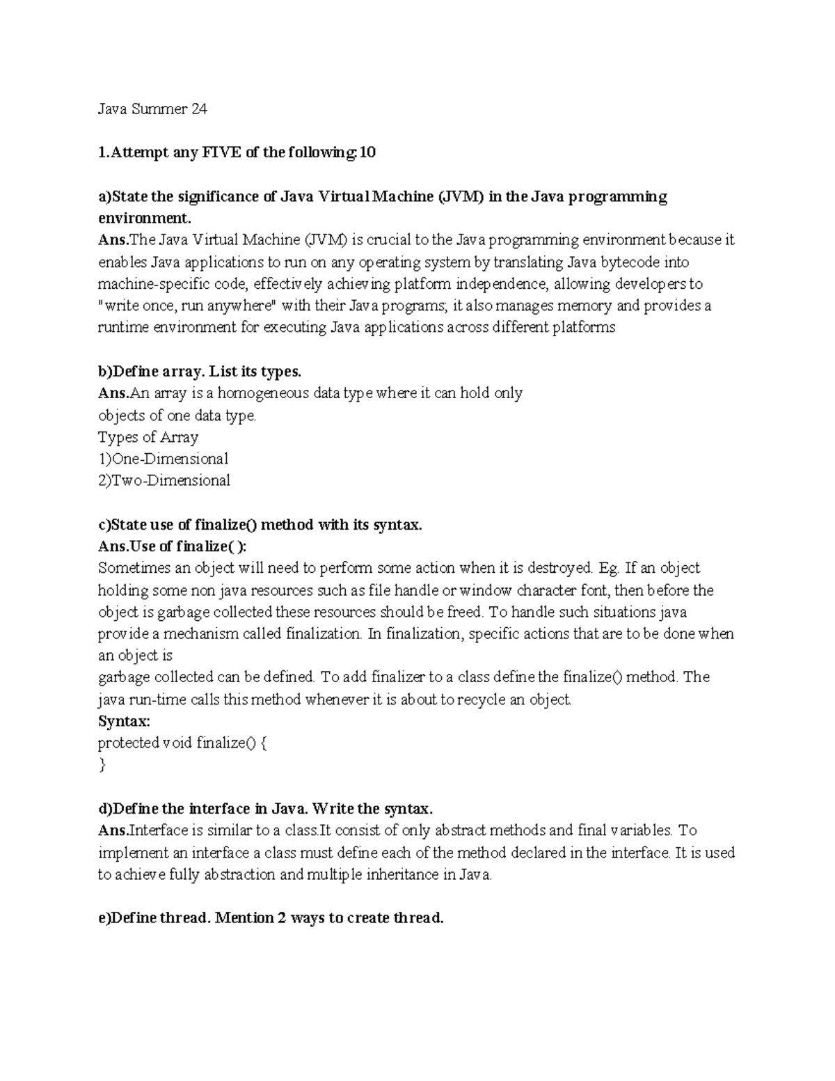 Java Summer 24 - Model ans paper - Java Summer 24 1 any FIVE of the ...