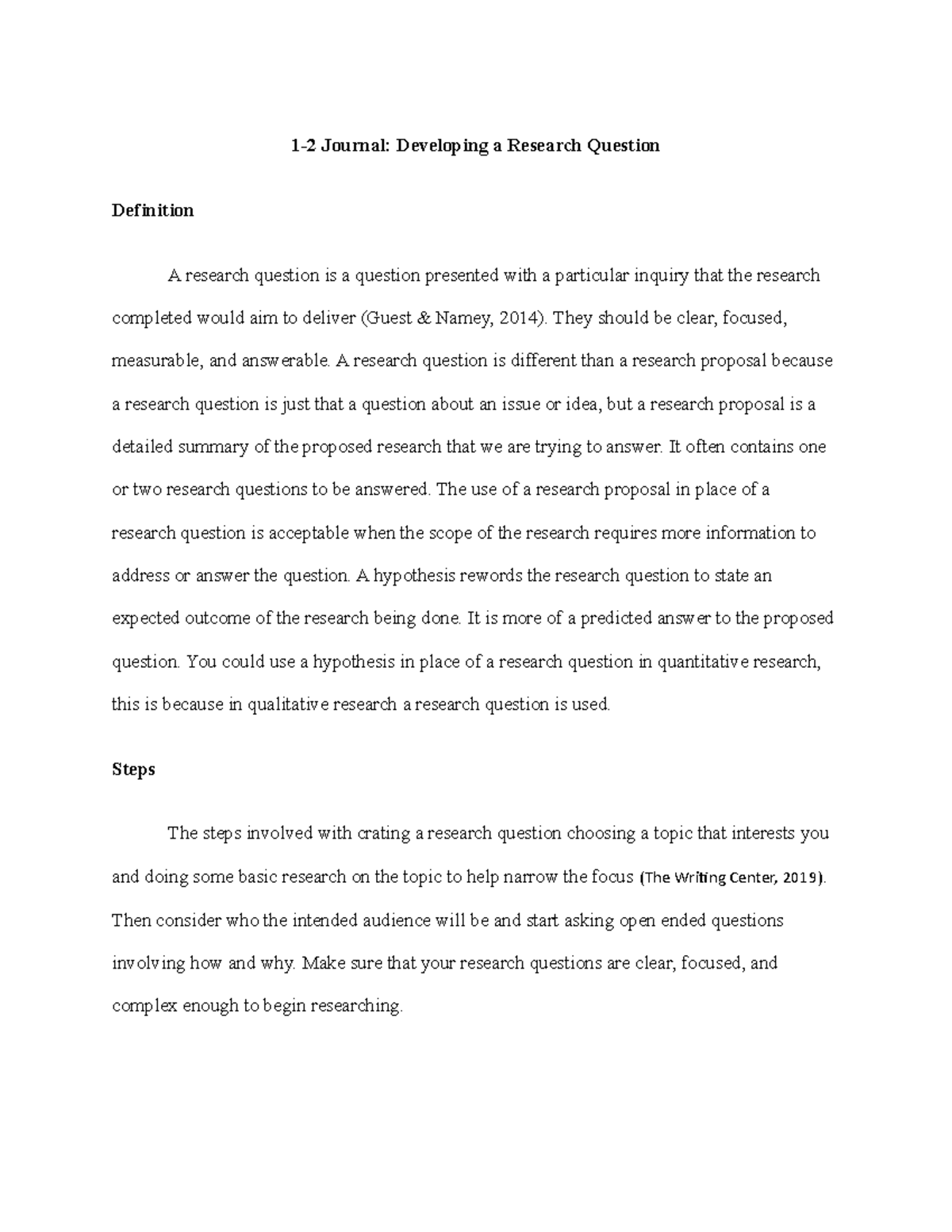1-2 Journal Developing a Research Question - 1-2 Journal: Developing a ...