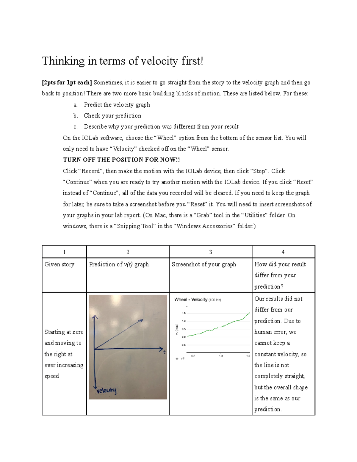 Velocity first and graph assignment - Thinking in terms of velocity ...