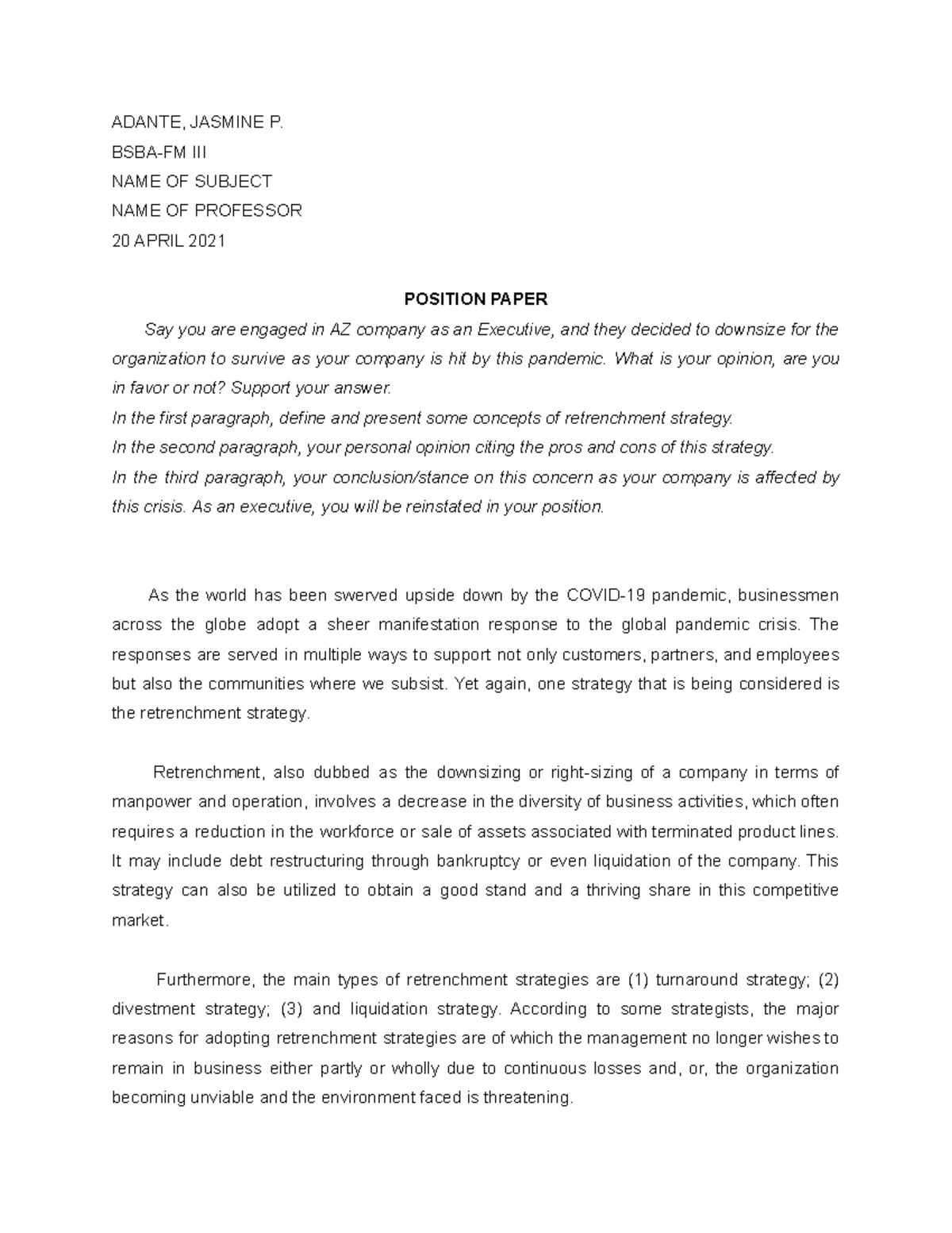 Financial Management: Position Paper(HUMAN RESOURCE) - University of ...