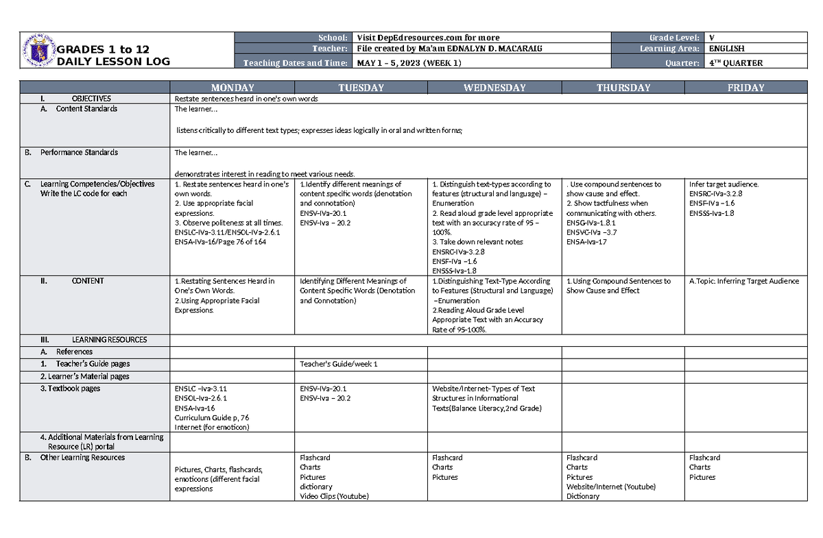 DLL English 5 Q4 W1 - This serves as a guide for everyone. - GRADES 1 ...