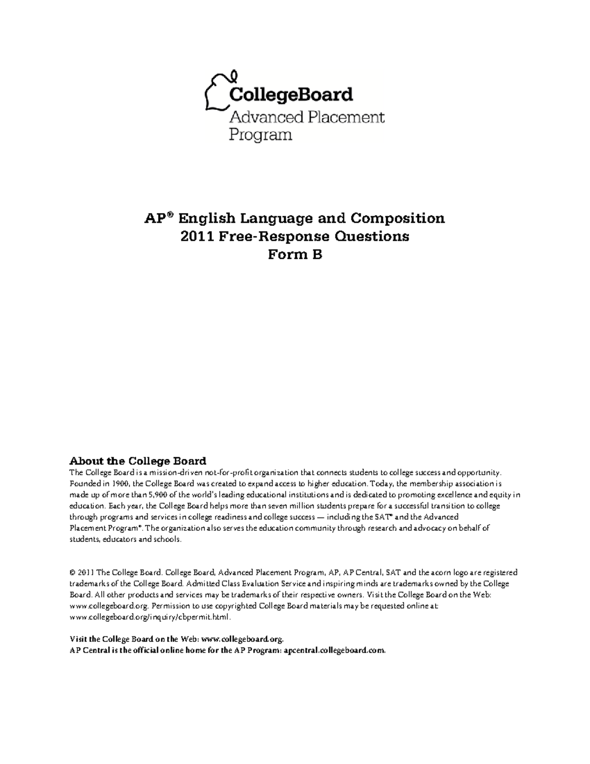 Ap11 frq english language formb - 2011 Free-Response Questions Form B ...