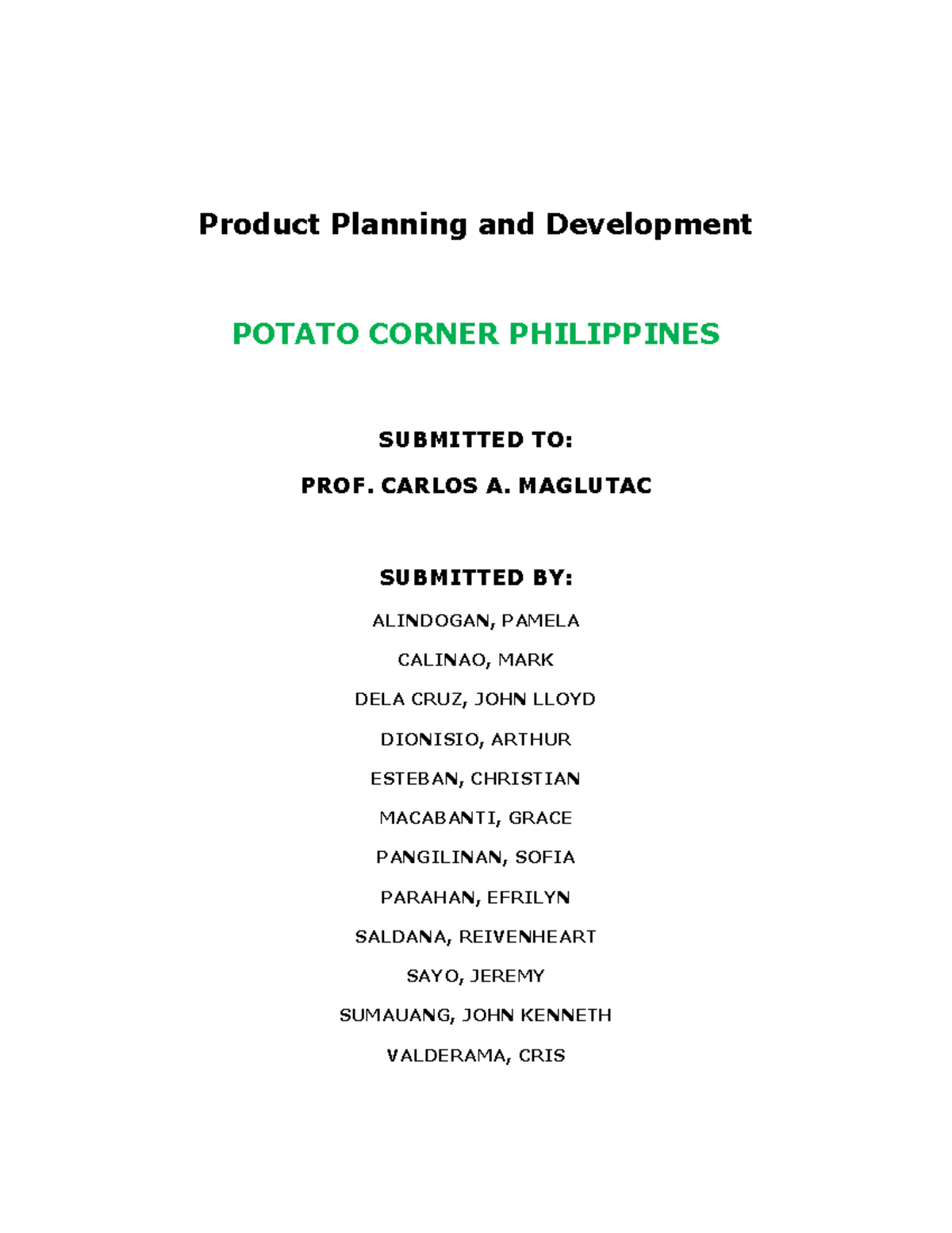 Potato analysis Product Planning and Development POTATO CORNER
