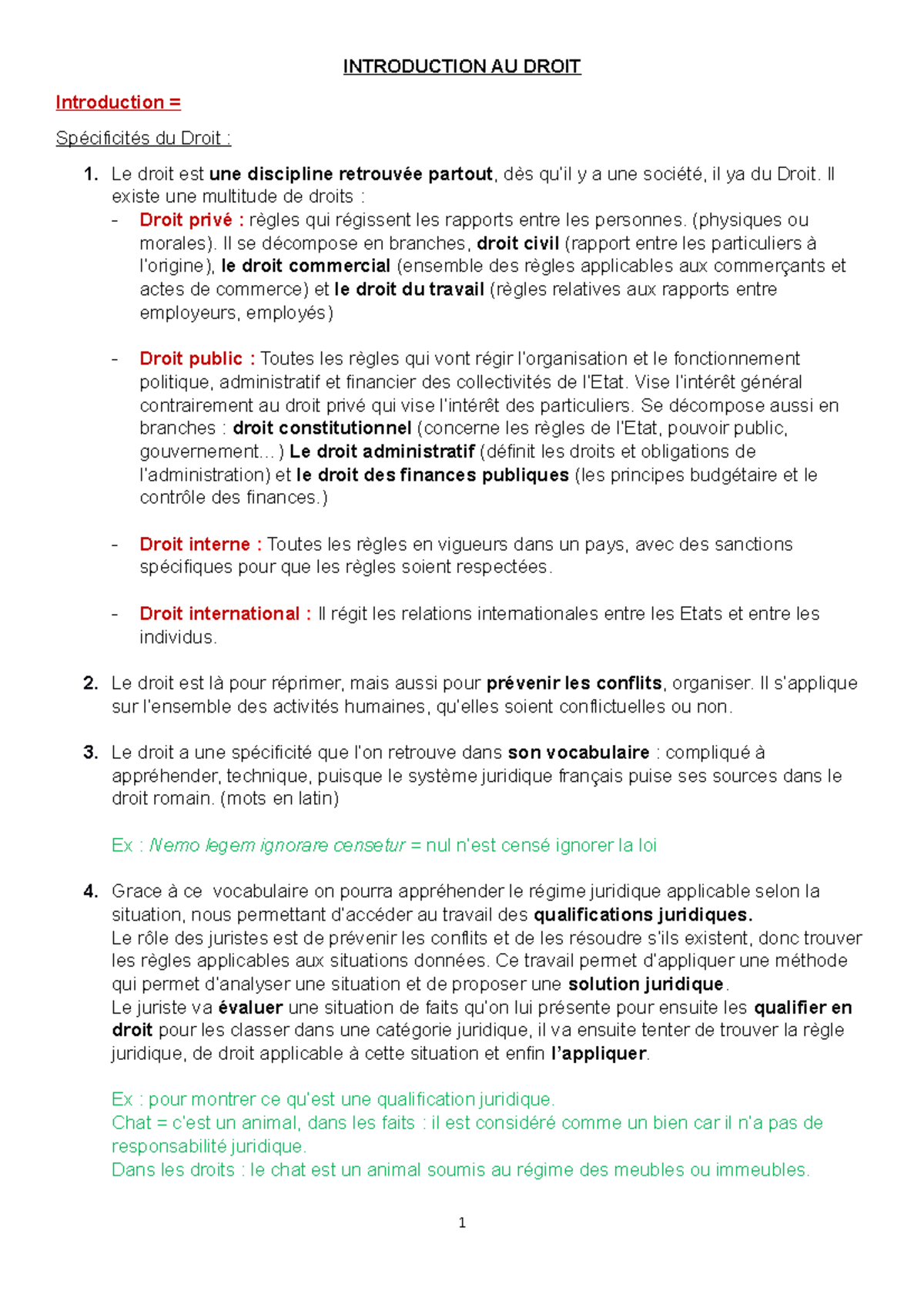 Partie 1 - INTRODUCTION AU DROIT Introduction = Spécificités du Droit ...