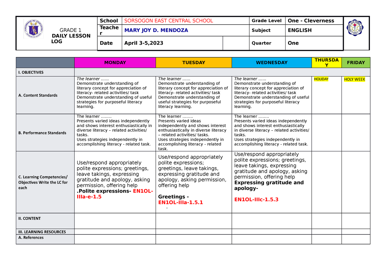 English Third Quarter WEEK 2 - GRADE 1 DAILY LESSON LOG School SORSOGON ...