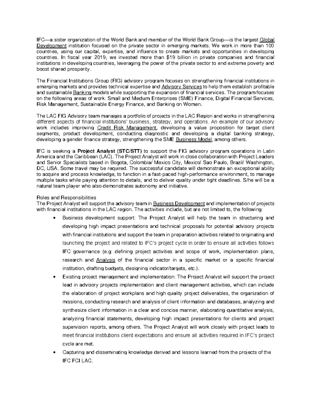 Job Description - Project Analyst - IFC—a sister organization of the ...