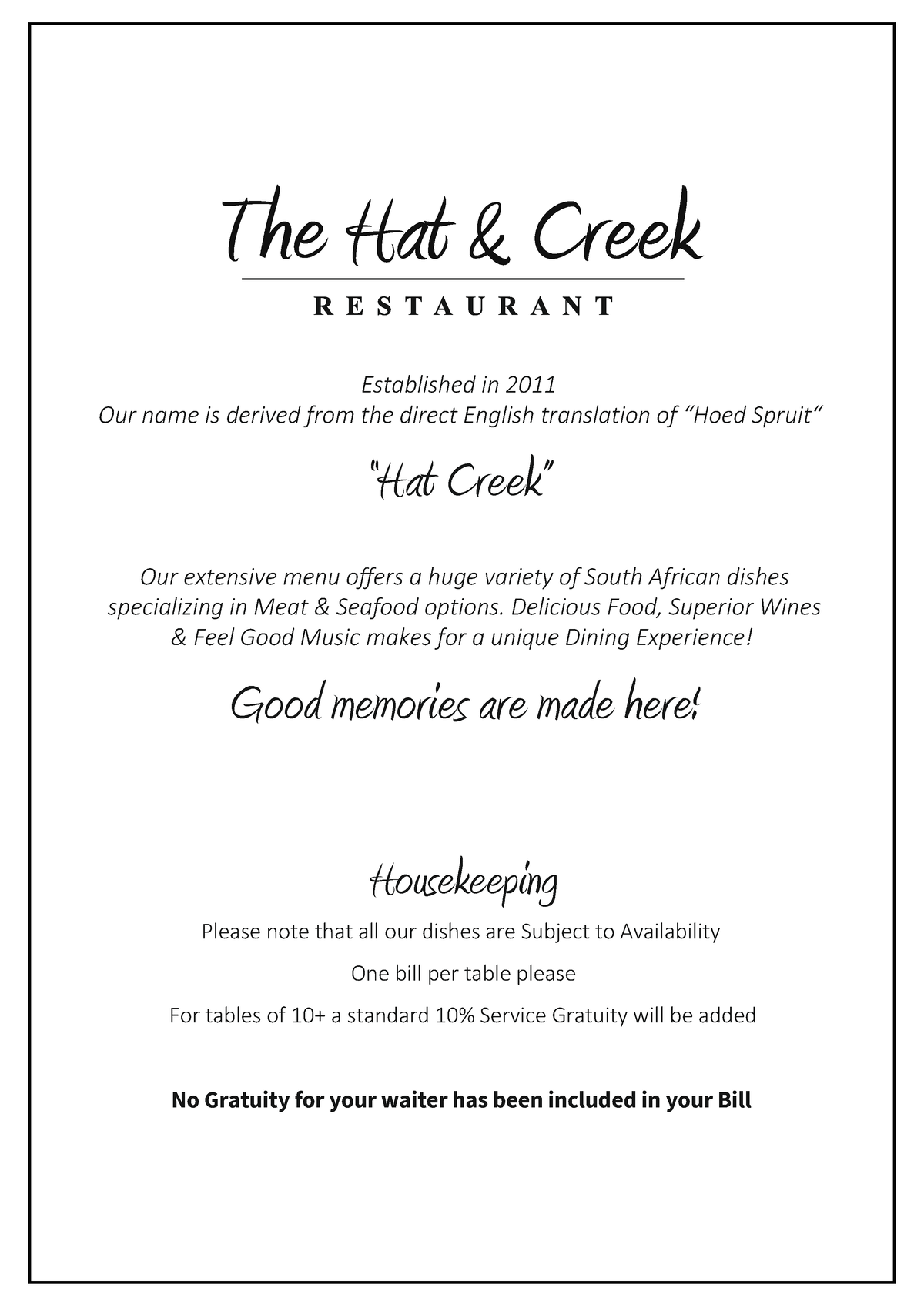 The Hat & Creek Menu - December 2022 - Please note that all our dishes ...