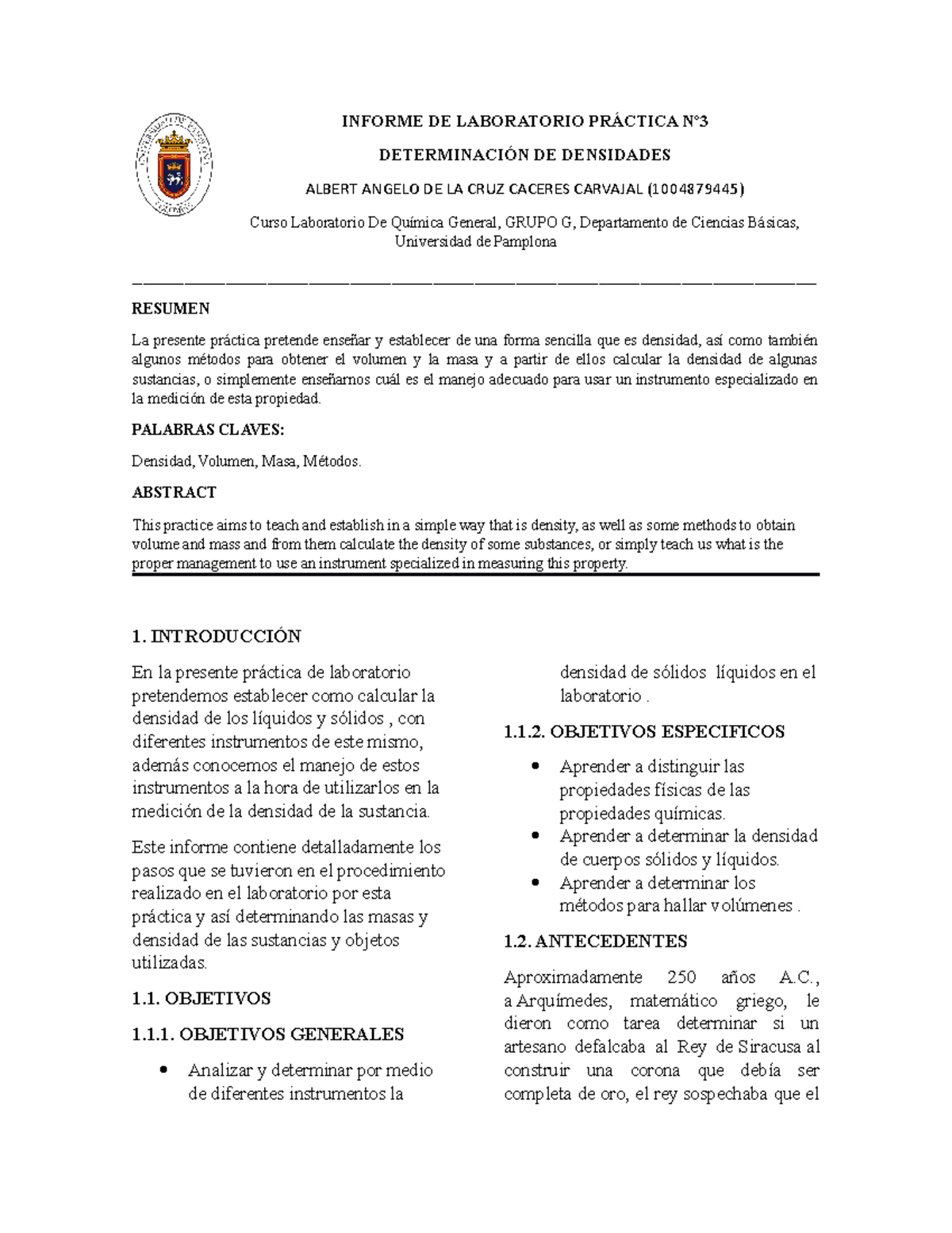 Informe De Densidad - INFORME DE LABORATORIO PRÁCTICA Nº DETERMINACIÓN ...