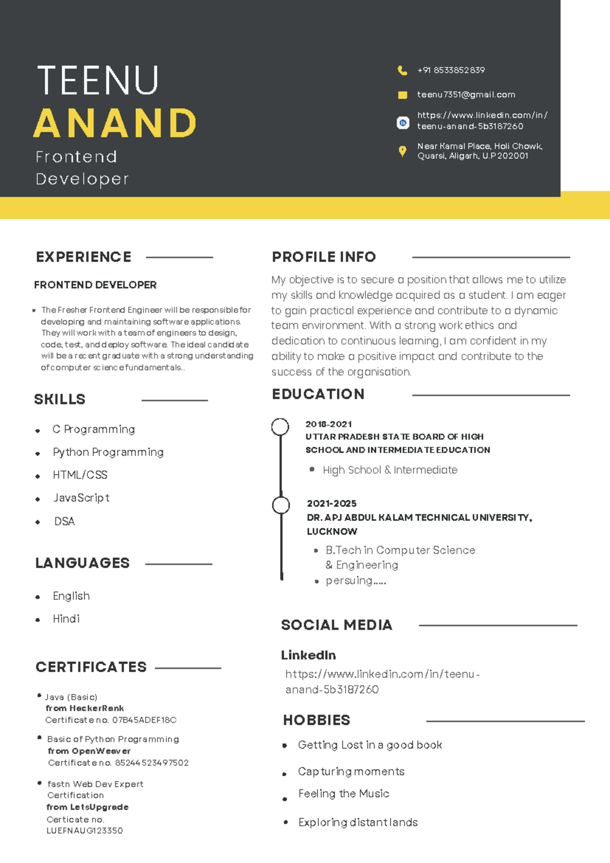 Professional Modern CV Resume - PROFILE INFO +91 8533852839 linkedin/in ...