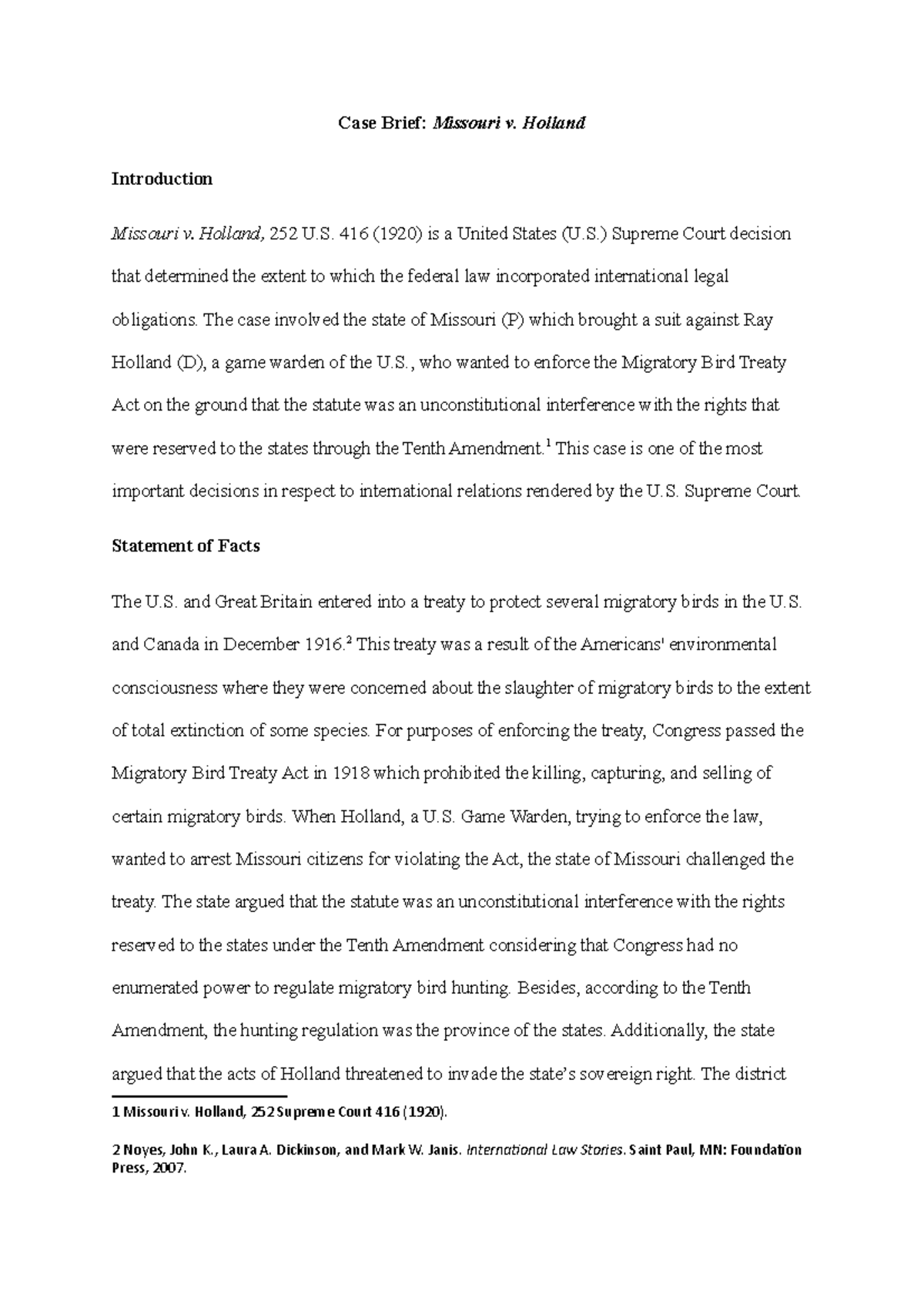Case Brief Missouri v. Holland Case Brief Missouri v. Holland